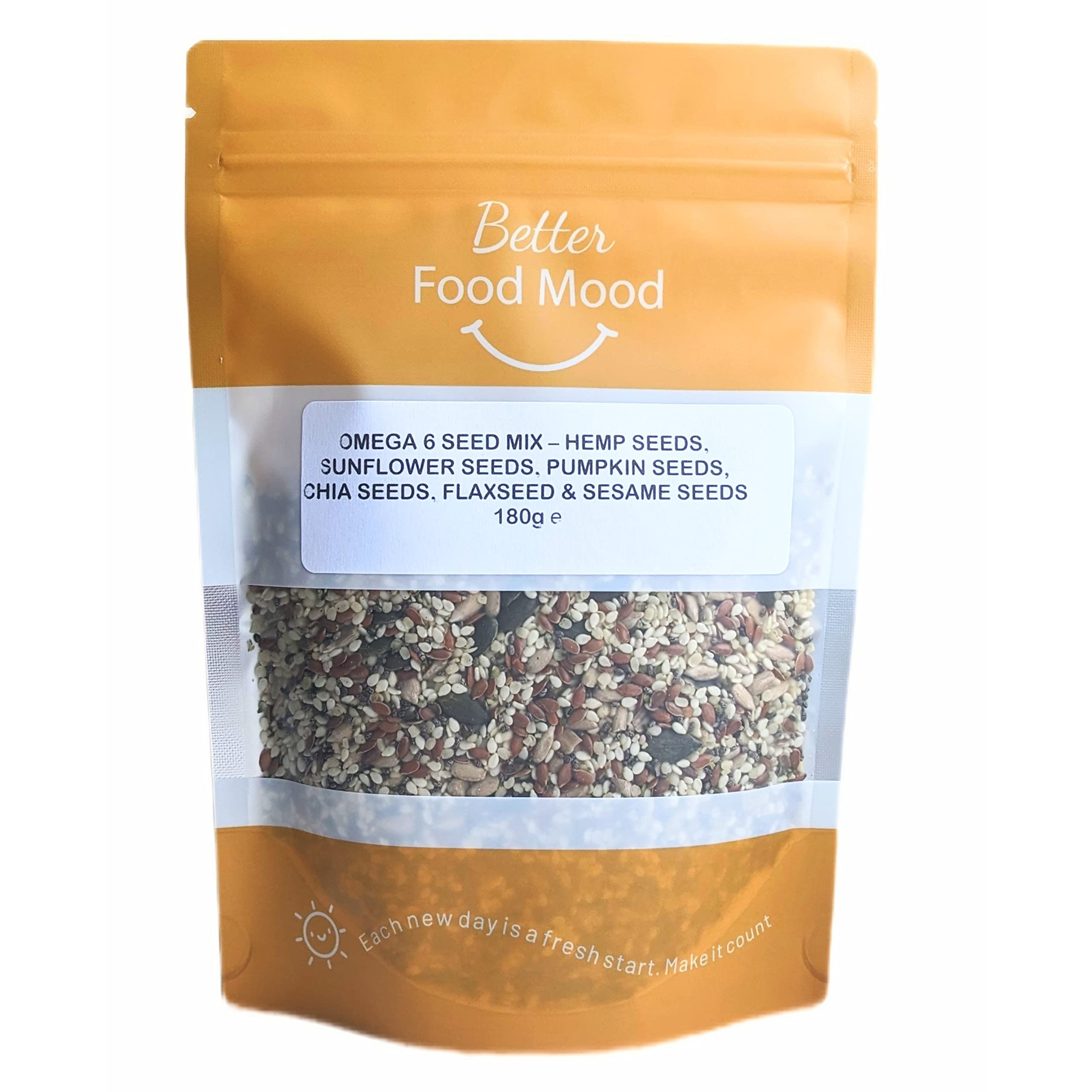 Better Food Mood Omega 6 Seed Mix for Eating 180g | Chia Seeds, Hemp Seeds, Flaxseed, Sunflower, Pumpkin Seeds, Sesame Seeds Mix | Unsalted Unroasted Mixed Seeds to Eat