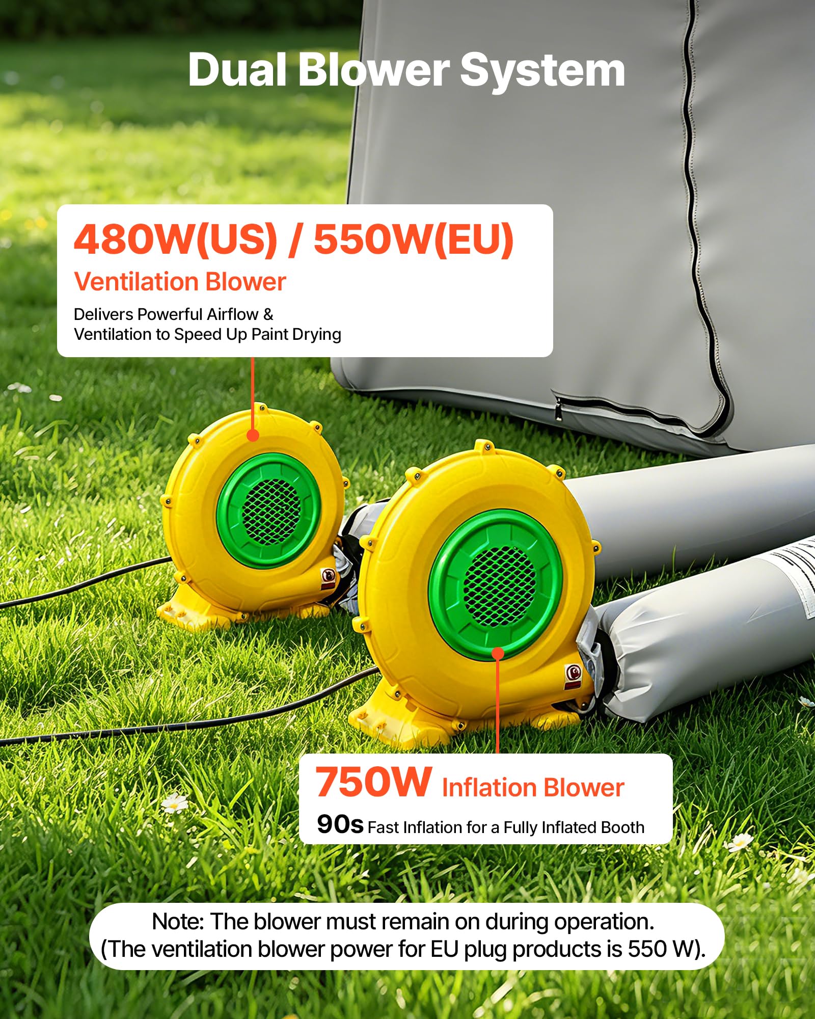 VEVOR Nadmuchiwana kabina lakiernicza 6 x 3 x 2,5 m przenośny namiot natryskowy z 2 dmuchawy 550 W i 750 W system wentylacji worek do przechowywania, farby do mebli ATVs motocykli, kolor szary