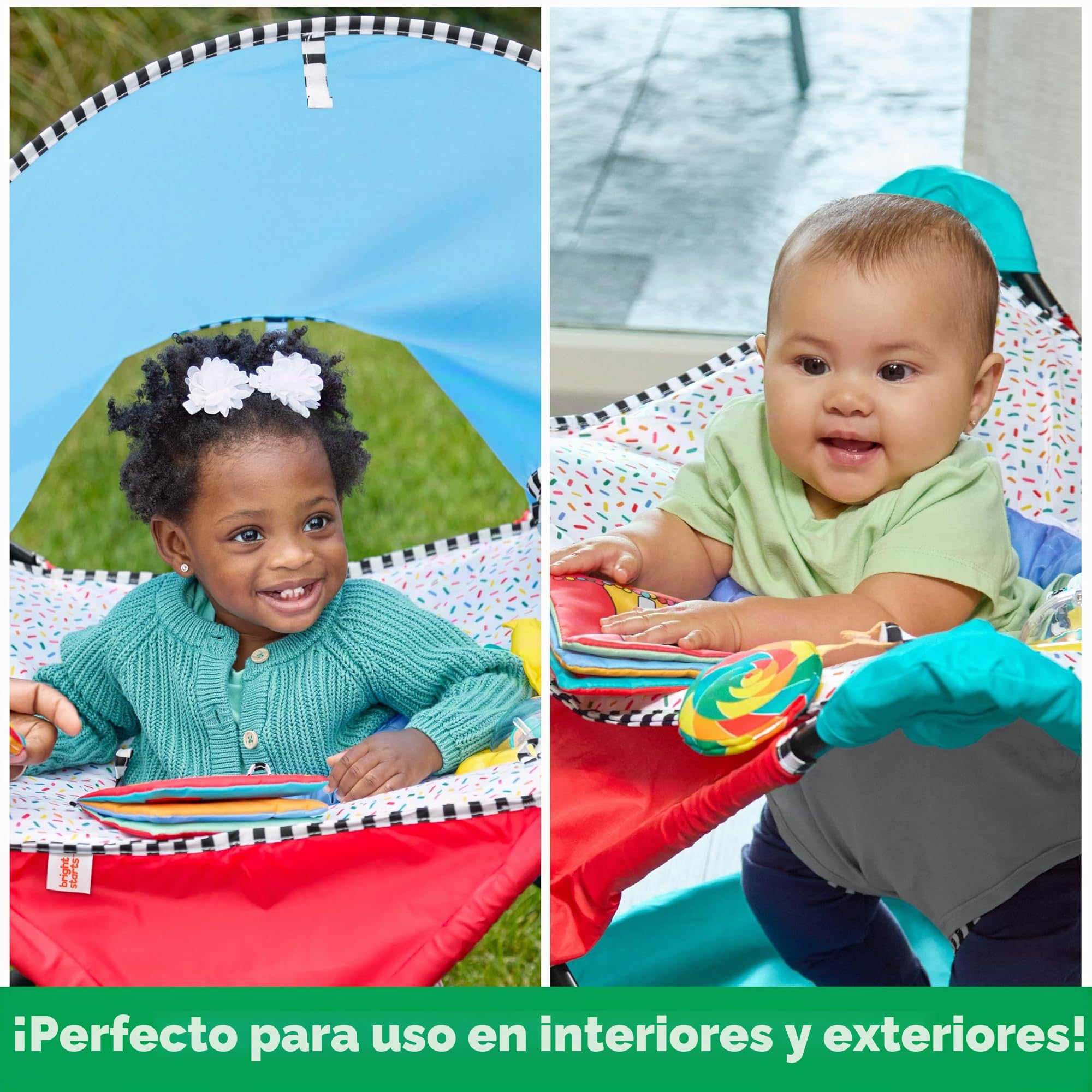 Bright Starts, Saltador Interactivo Portátil Pop 'N Jump, Dulces Golosinas, para Uso en Interiores y Exteriores, Incluye 4 Juguetes Sensoriales, para Bebés de 6 a 12 Meses