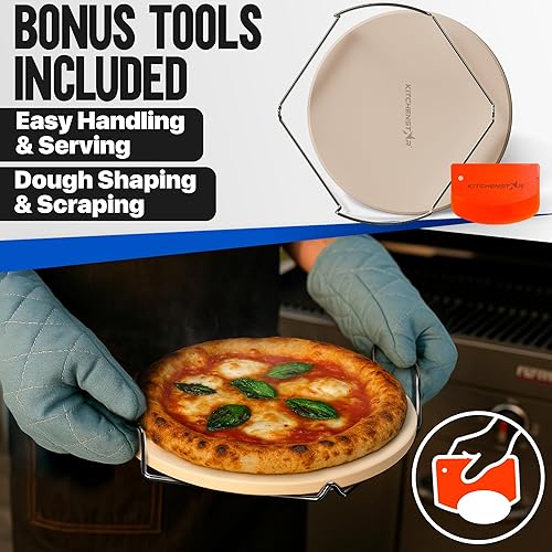 Miniatura 5 de KitchenStar Piedra para pizza de 12 pulgadas para horno y parrilla de barbacoa con asas, redonda, 58 pulgadas de grosor, cordierita natural,