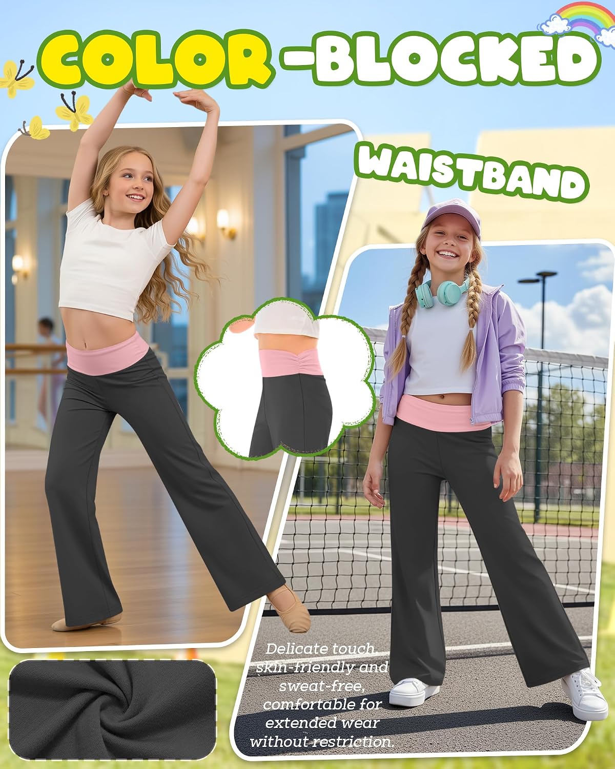 Girl's Fold Over Yoga Pants Low Rise Wide Leg Sweatpants Kids Color Block Foldover Leggings Casual Pants 5-14 Years