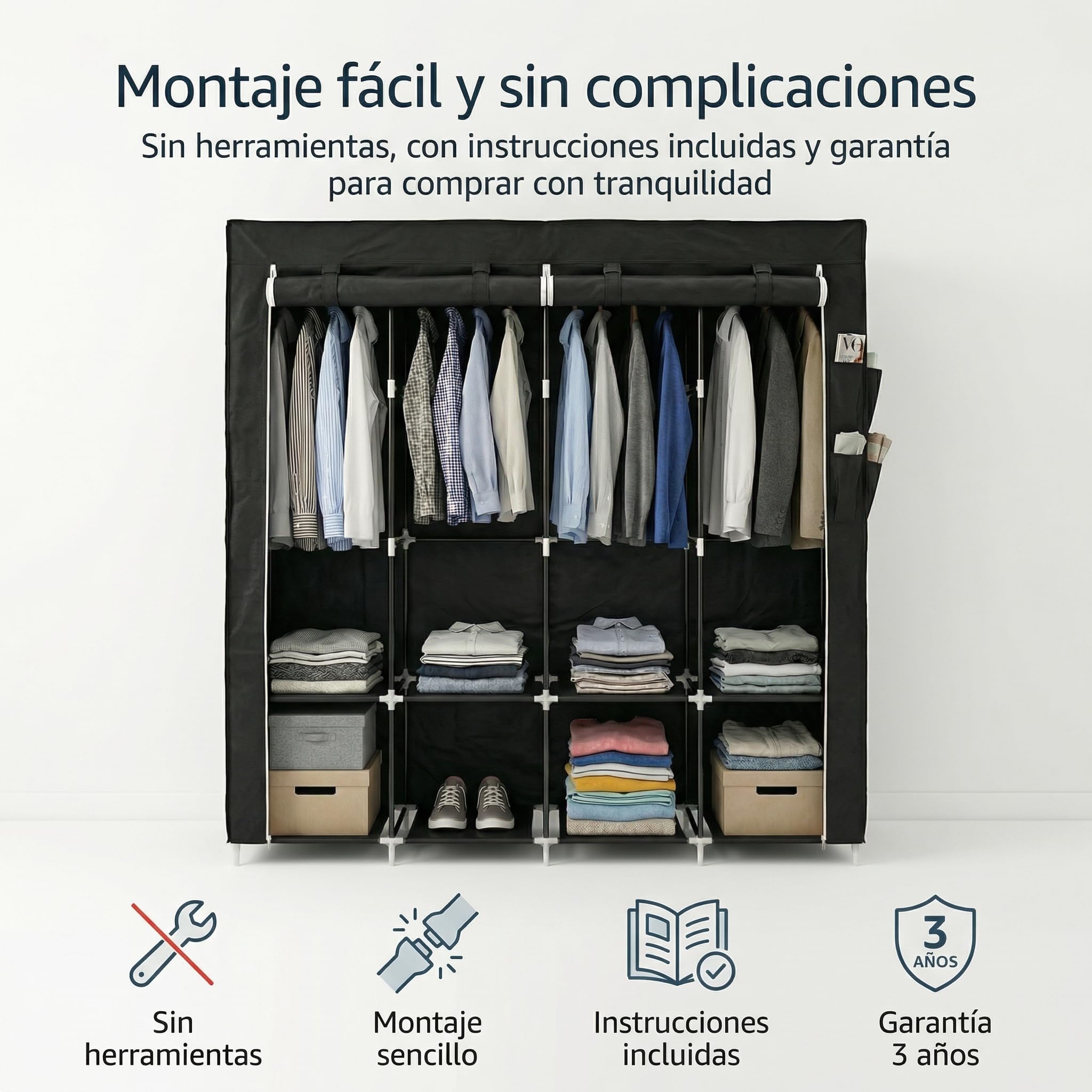 Pincho Armadio guardaroba in tessuto, armadio portatile per abbigliamento, organizer per vestiti, con cerniera, scaffali modulari con appendiabiti, Wardrobe, armadio organizer - 170 x 45 x 165 cm nero