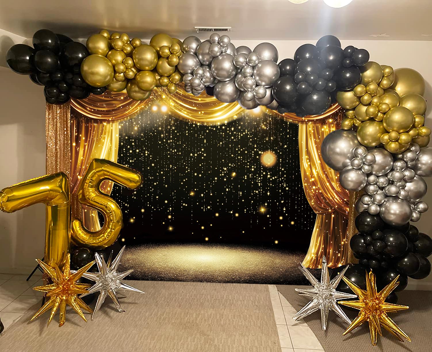 Sfondo nero oro nero con tende glitterate a pois teatrali fotografia sfondo adulti bambini VIP Carnevale laurea ballo di fine anno nuovo festa di compleanno in famiglia banner (2,3 x 1,8 m)