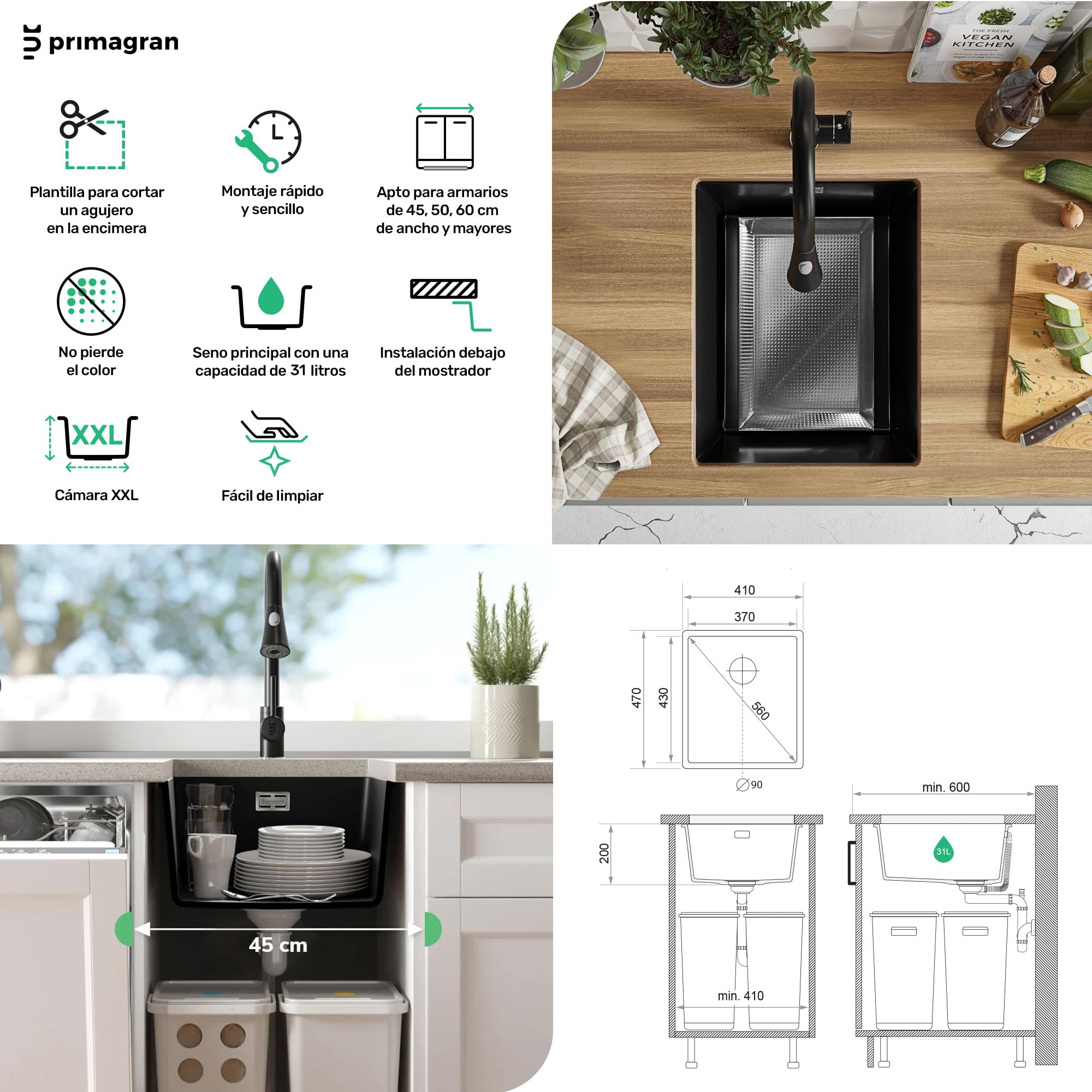 PRIMAGRAN Fregadero bajo Encimera Blanco - London, 41x47cm | Cocina 1 Seno + Zuberhor-Set, Granito al Mueble 45cm (S152)