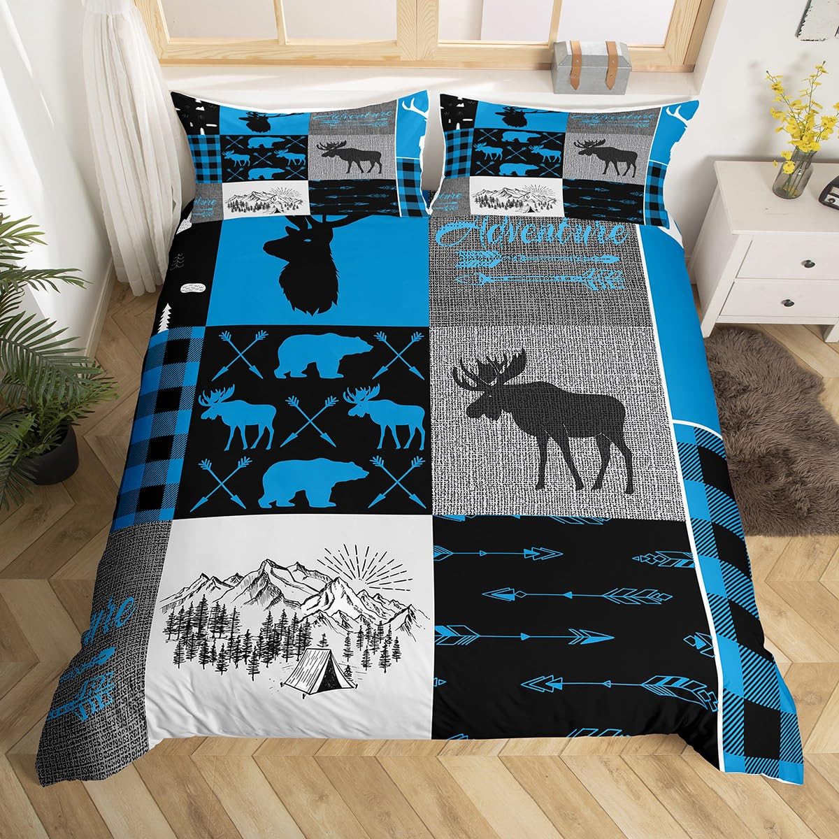Deer Antlers Bedding Set King Geometric Plaid Patchwork Duvet Cover For Kids Teens Adult,Farmhouse Bear Moose Comforter Cover Camping Hunting Rustic Lodge Bed Set With 2 Pillow Cases Grey Black Blue โ image 1