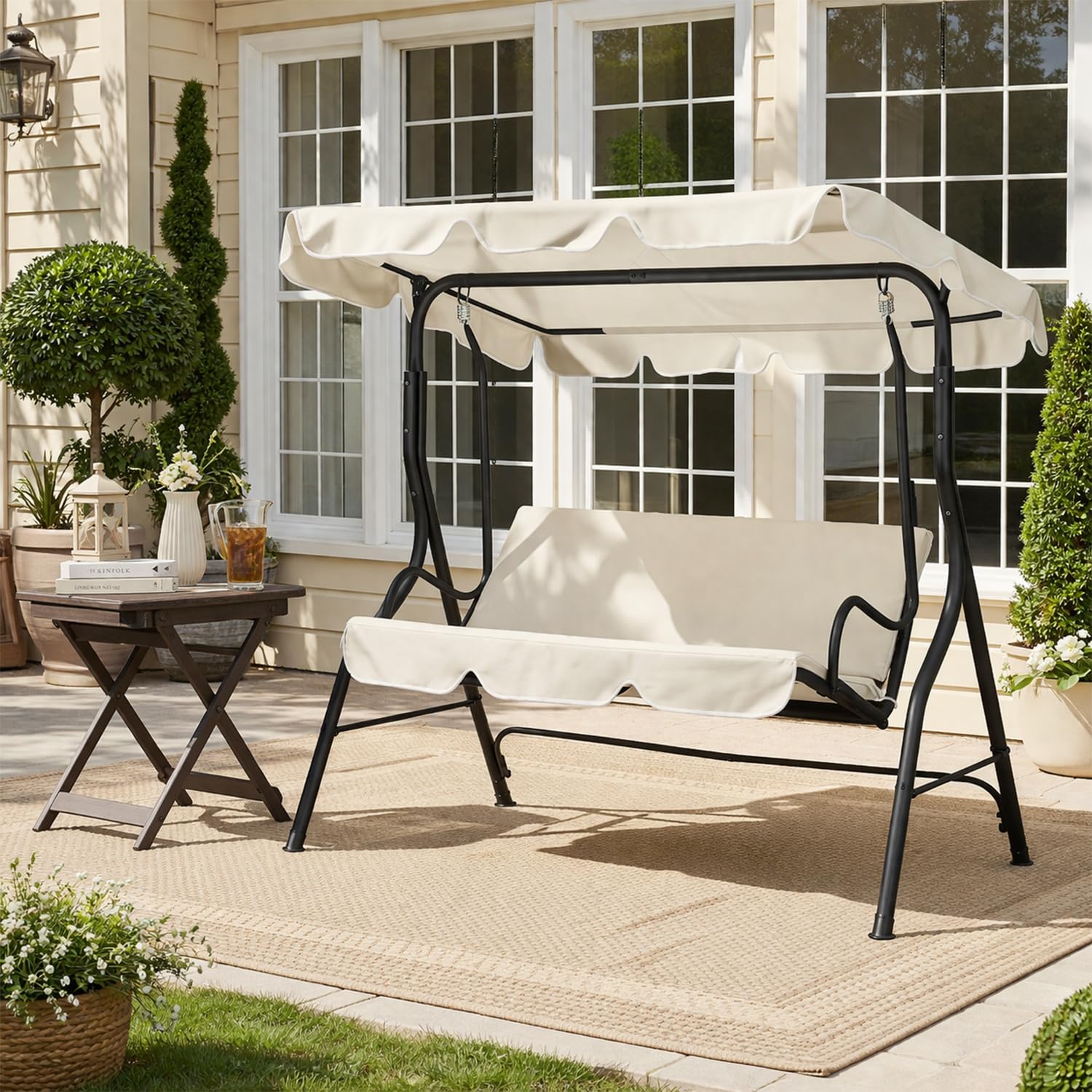 3-Sitzer Hollywoodschaukel Hochwertiger Gartenschaukel mit Verstellbarem Sonnendach Hängeschaukel aus Stahl bis 250 kg Belastbar für Garten, Pool, Terrasse, Beige