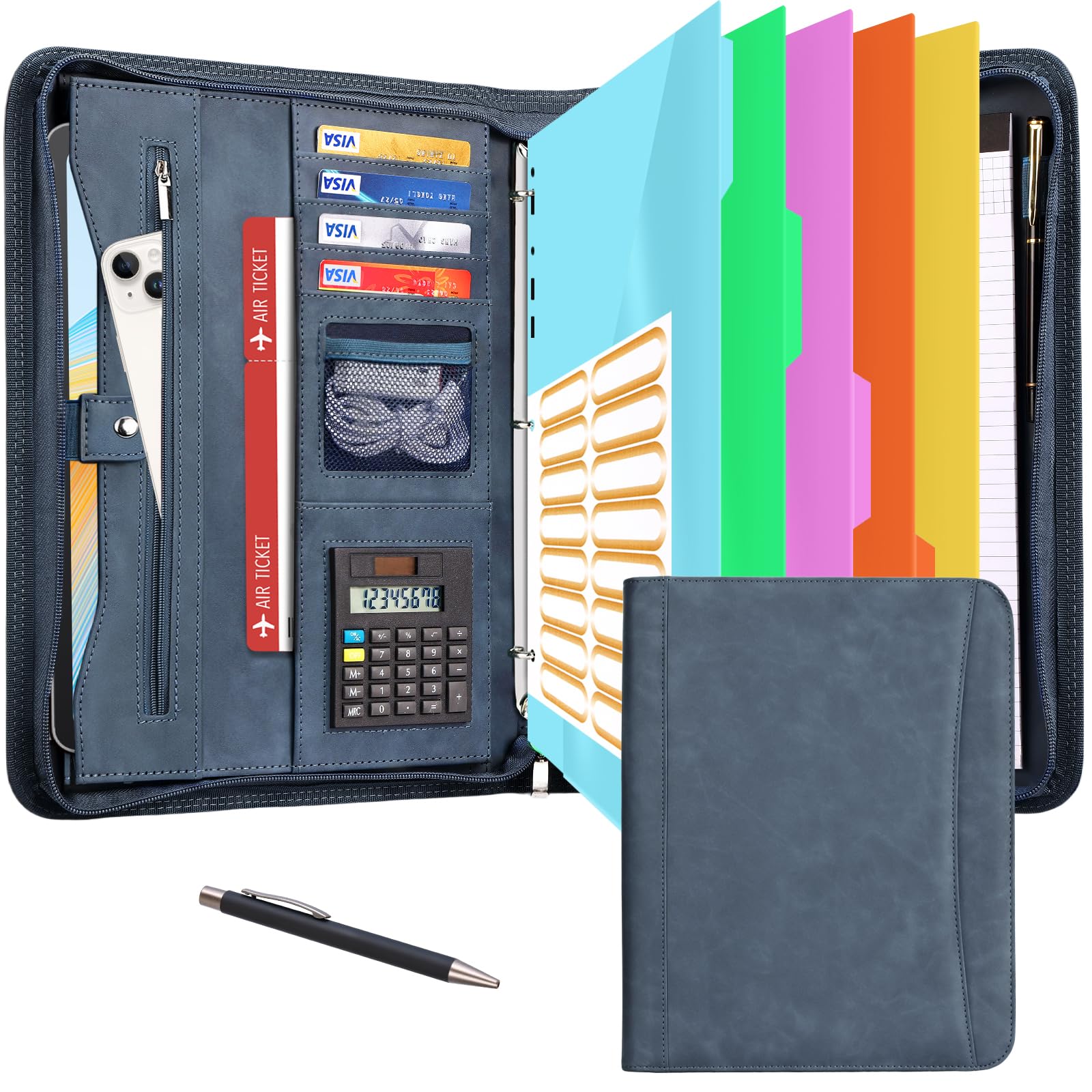 Eshow Portfolio Organizer - 3 Ring Binder with Zipper, Vegan Leather Business Padfolio Folder with Notepad Includes 5 Color Sheet Protectors for Documents Files for Men Women