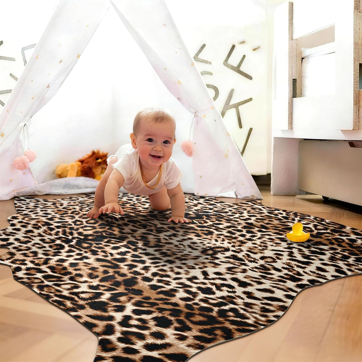 DweIke Faux Leopard Print Rug for Living Room, 4.6 x 5.2 ft Western Animal Cheetah Hide Rugs, Non Slip Cool Leopard Fur Skin Carpet for Bedroom Dining Room Farmhouse Entrance Home Decor, Dark Brown