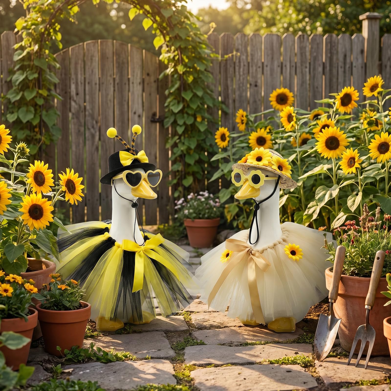 shaojian 2 Sets Porch Goose Outfit Set, Spring Bee and Sunflower Themed Cement Goose Statue Dress Up Costume Garden Statue Tulle Skirt Clothing with Hat and Sunglasses for Outdoor Yard Lawn Decor