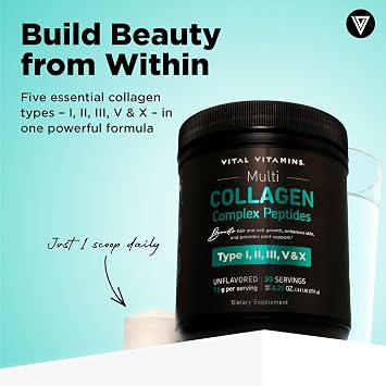 Vital Vitamins Multi Collagen Peptides Powder - Unflavored, Easy to Dissolve - Type I, II, III, V, X - for Women & Men - Promotes Hair, Skin, Nails, Joint Health - 30 Servings