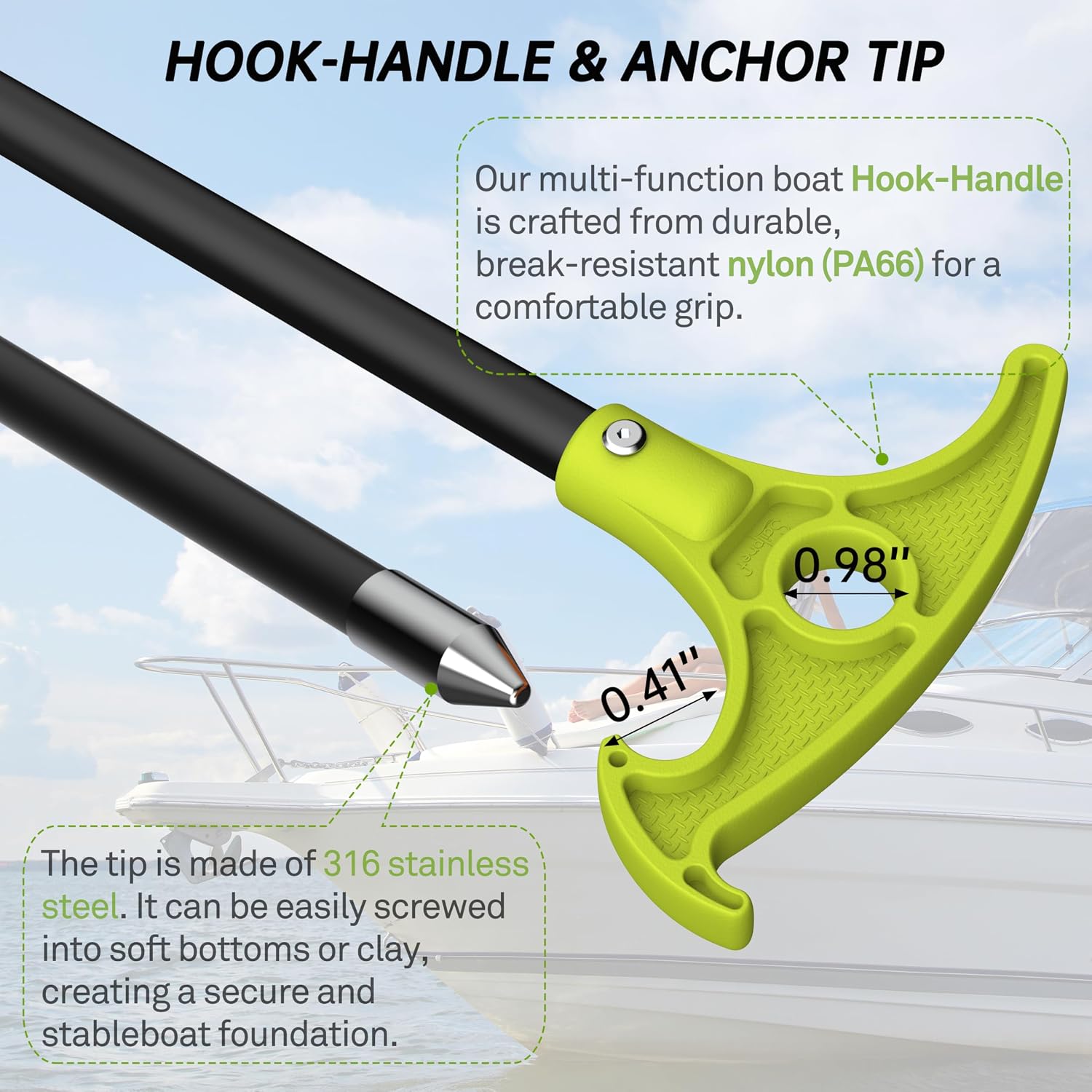 8.39FT Shallow Water Anchor Pole, 2-Section High Strength Fiberglass Sand Anchor with 316 Steel Tip, T-Handle with Hook, Mud Anchor Pole for Boats and Kayaks (Gloves Included)