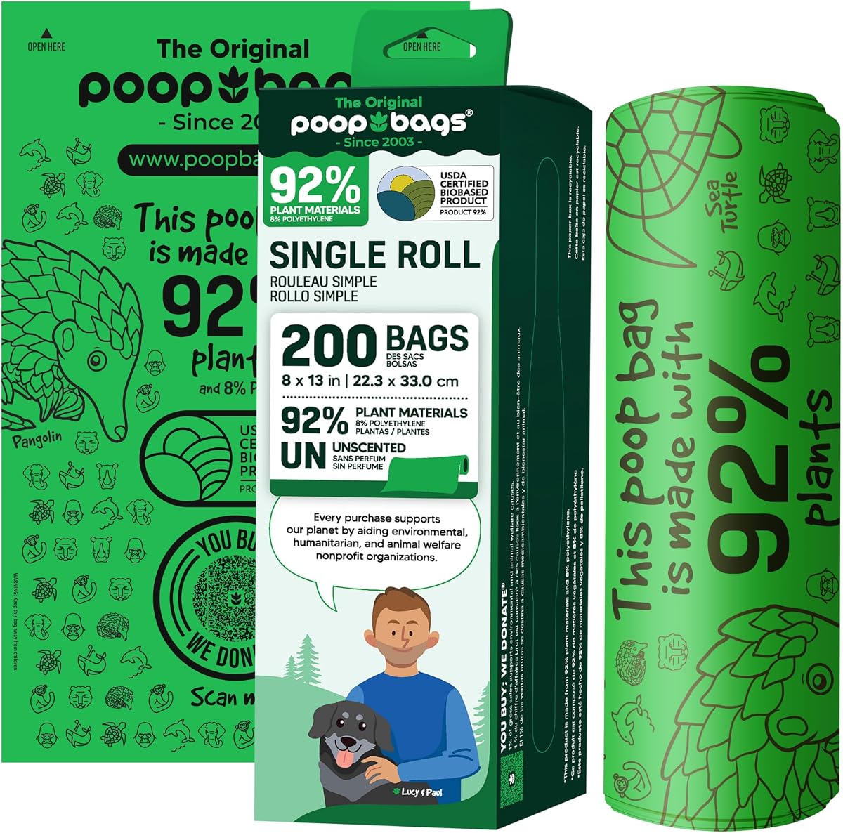 The Original Poop Bags 92% USDA Certified Plant-Based Dog Waste Bags, 200 Count Extra-Large & Leak-Proof Bulk Roll, Supports Elephant Rescue