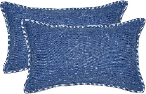Miniatura 1 de Juego de 2 fundas de almohada de 12 x 20 pulgadas con ribete cosido a mano y ribete cosido a mano, fundas de cojín decorativas de lino y algodón