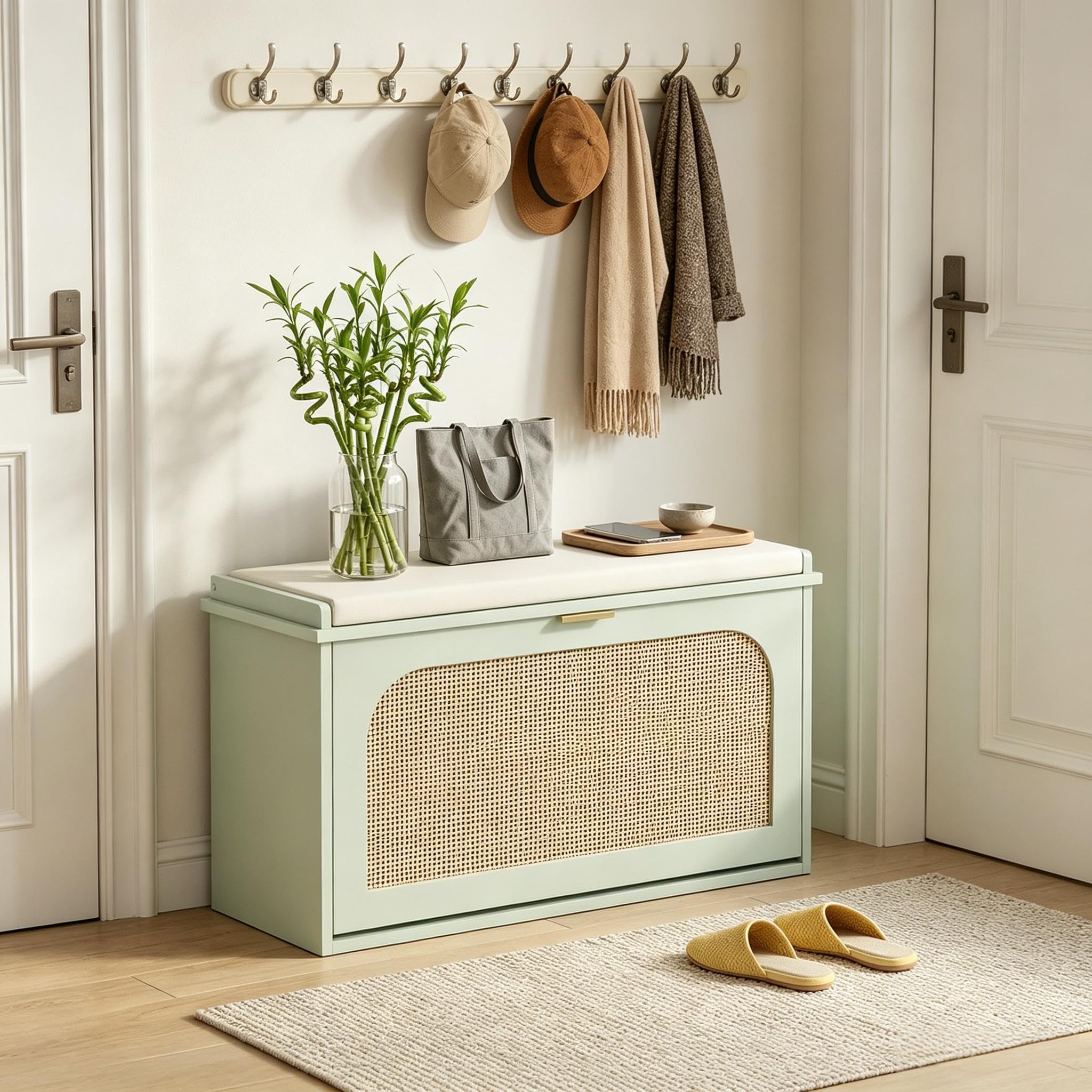 Zapatero de 80 cm, acolchado y compartimento plegable, verde, estrecho, estable, moderno
