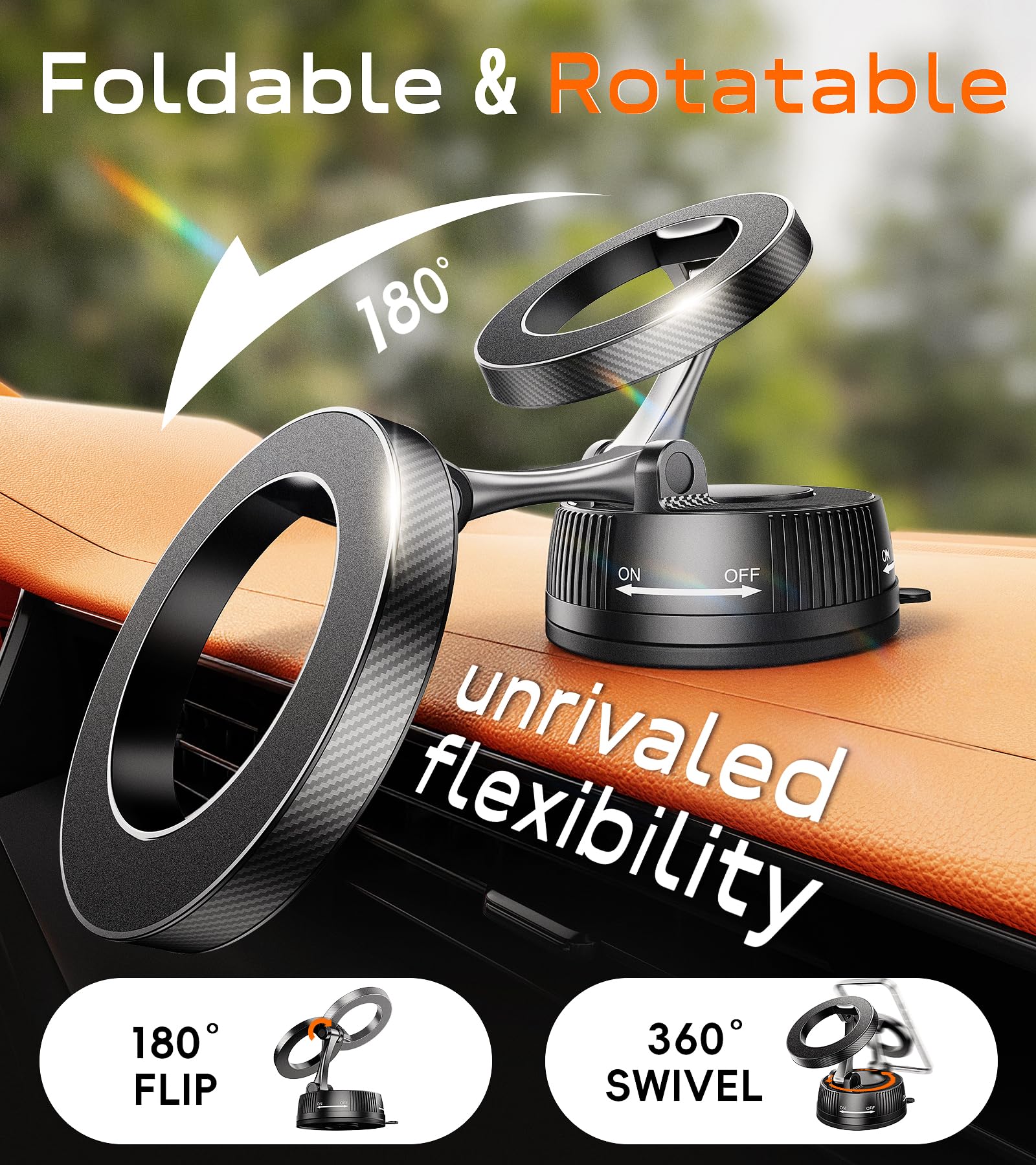 Lazmount Car Mount for MagSafe All Smartphones One-Tap Rotate for Calls, N55 Magnets Stay Rock-Solid ABS Silicone Magnet Nano Gel Suction and 24 N55 Magnets Twist-Lock 180/360 Adjust Holder -Black - 5