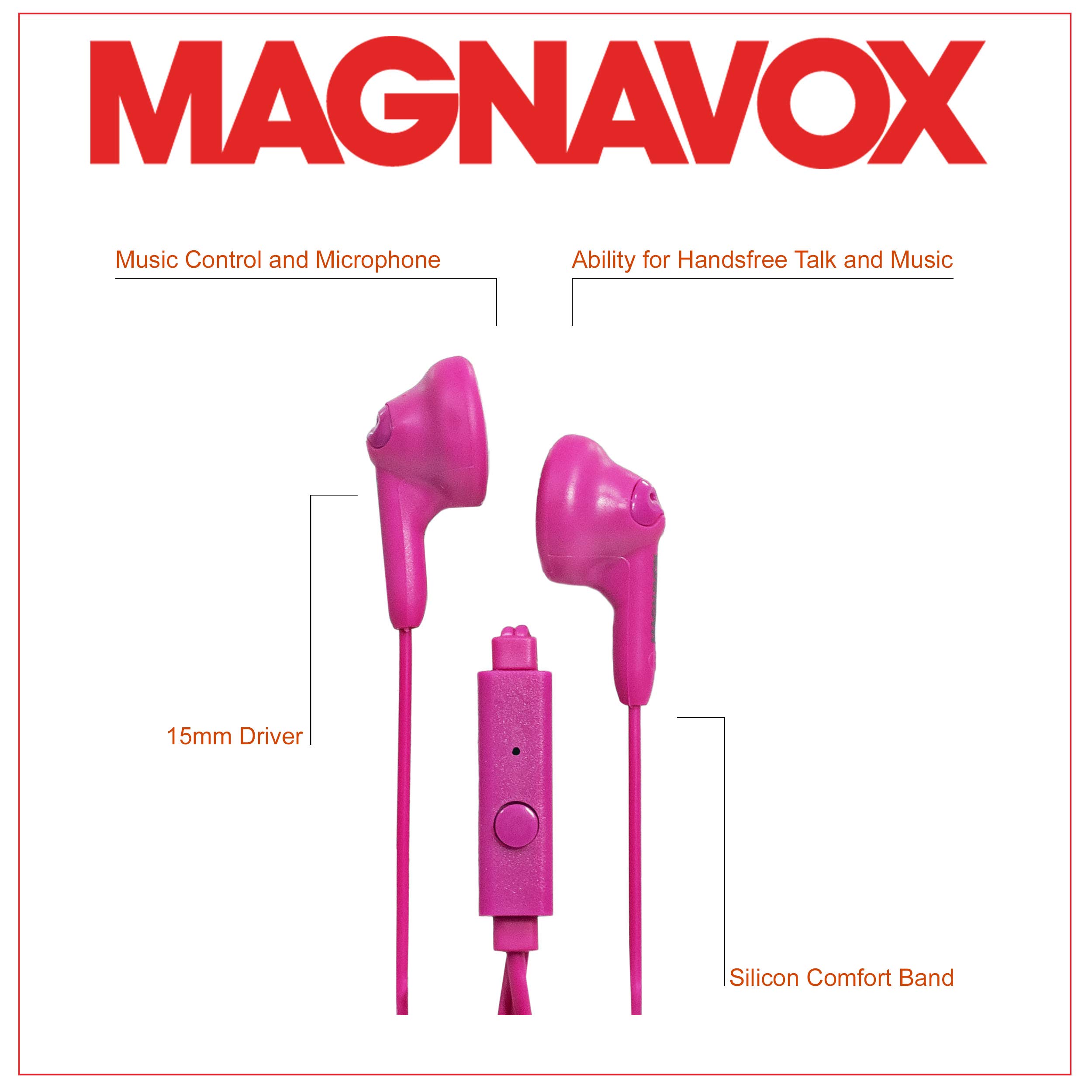 Magnavox MHP4820M-PK Gummy Earbuds with Microphone in Pink | Available in Pink, Purple, White, Black, & Blue | Earbuds Gummy | Extra Value Comfort Stereo Earbuds | Durable Rubberized Cable |