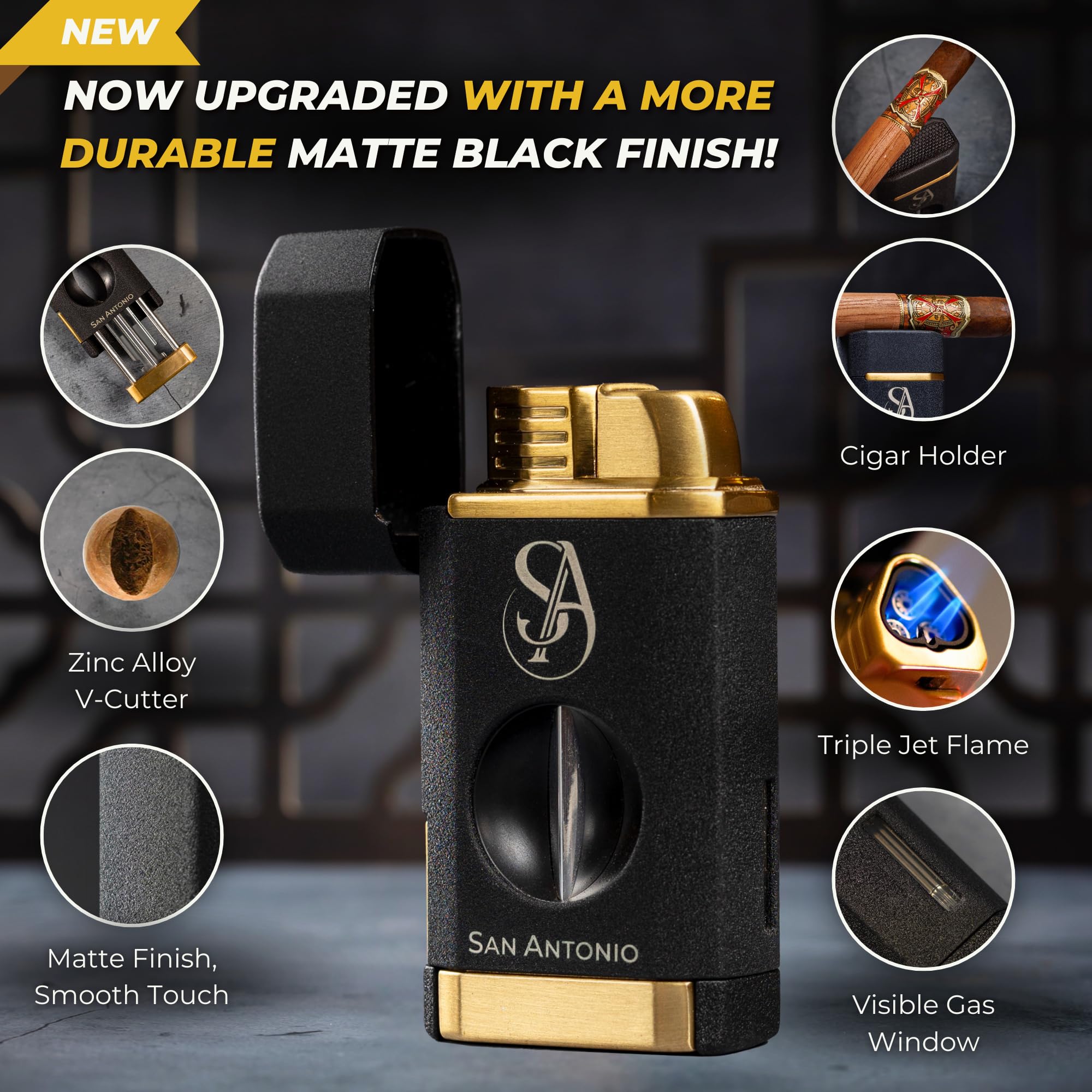 San Antonio Triple Flame Torch Cigar Lighter with Cutter - Refillable Butane Cigar Lighter, All-in-1 Cigar Accessories Set with V Cut Cigar Cutter, Cigar Holder - Perfect Cigar Gifts for Men