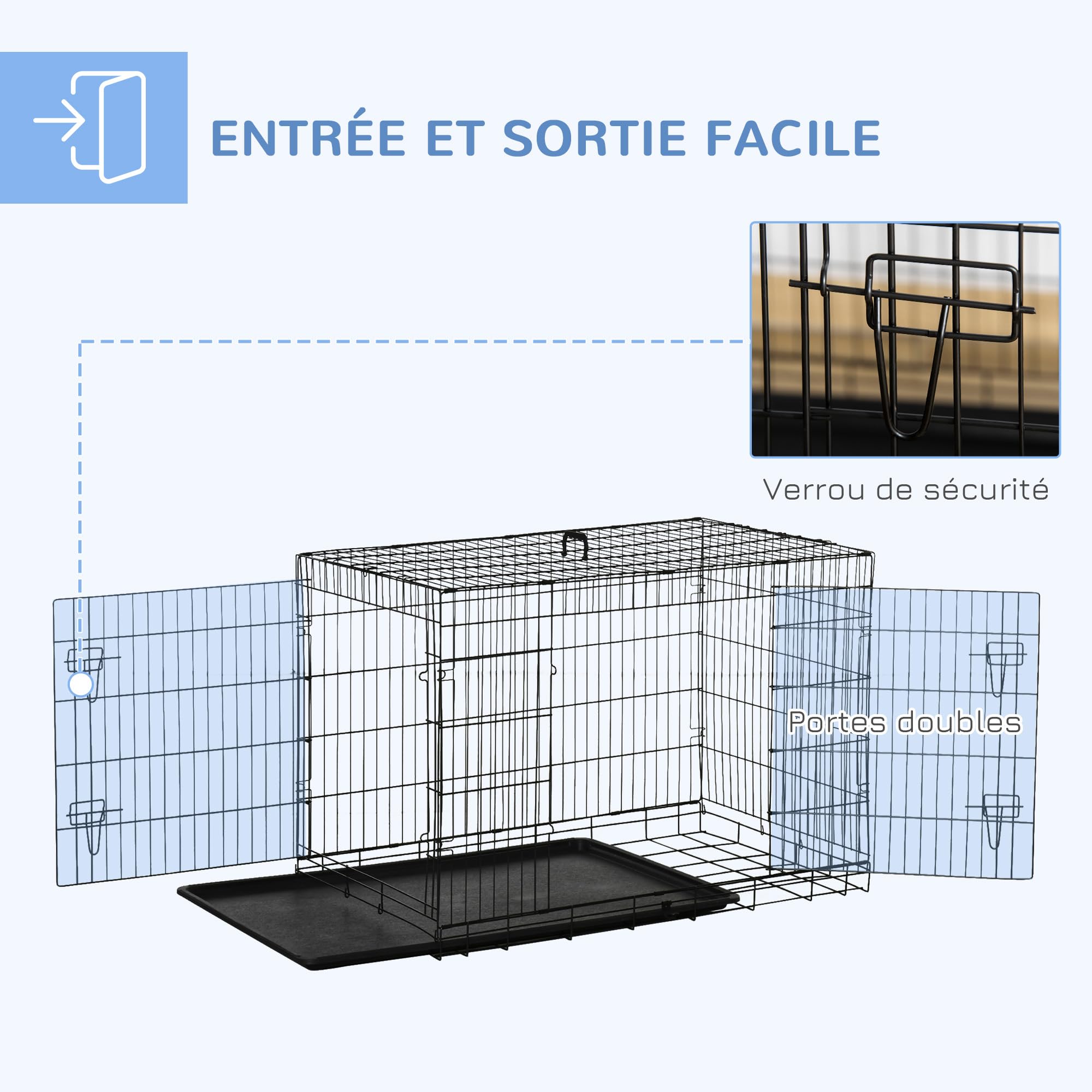 PawHut Cage pour Chien Pliable en Acier Métallique 2 Portes Verrouillables Plateau Amovible 106x68x76 cm Noir