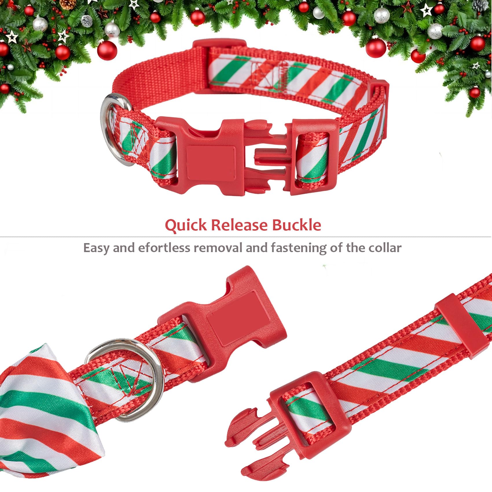 Petiry Christmas Dog Collar - Festive Striped Design with Detachable BowTie, Holiday Accessory for Small Dogs Neck 25-38cm,Stripe - Image 4
