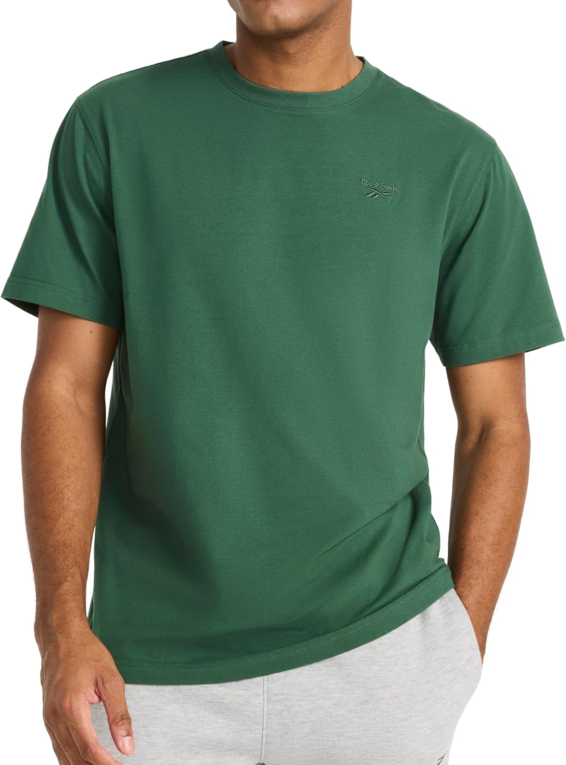 Reebok Men's Short Sleeve Crewneck Embroidered T-Shirt, Standard Fit, Lightweight Stretch Cotton Fabric