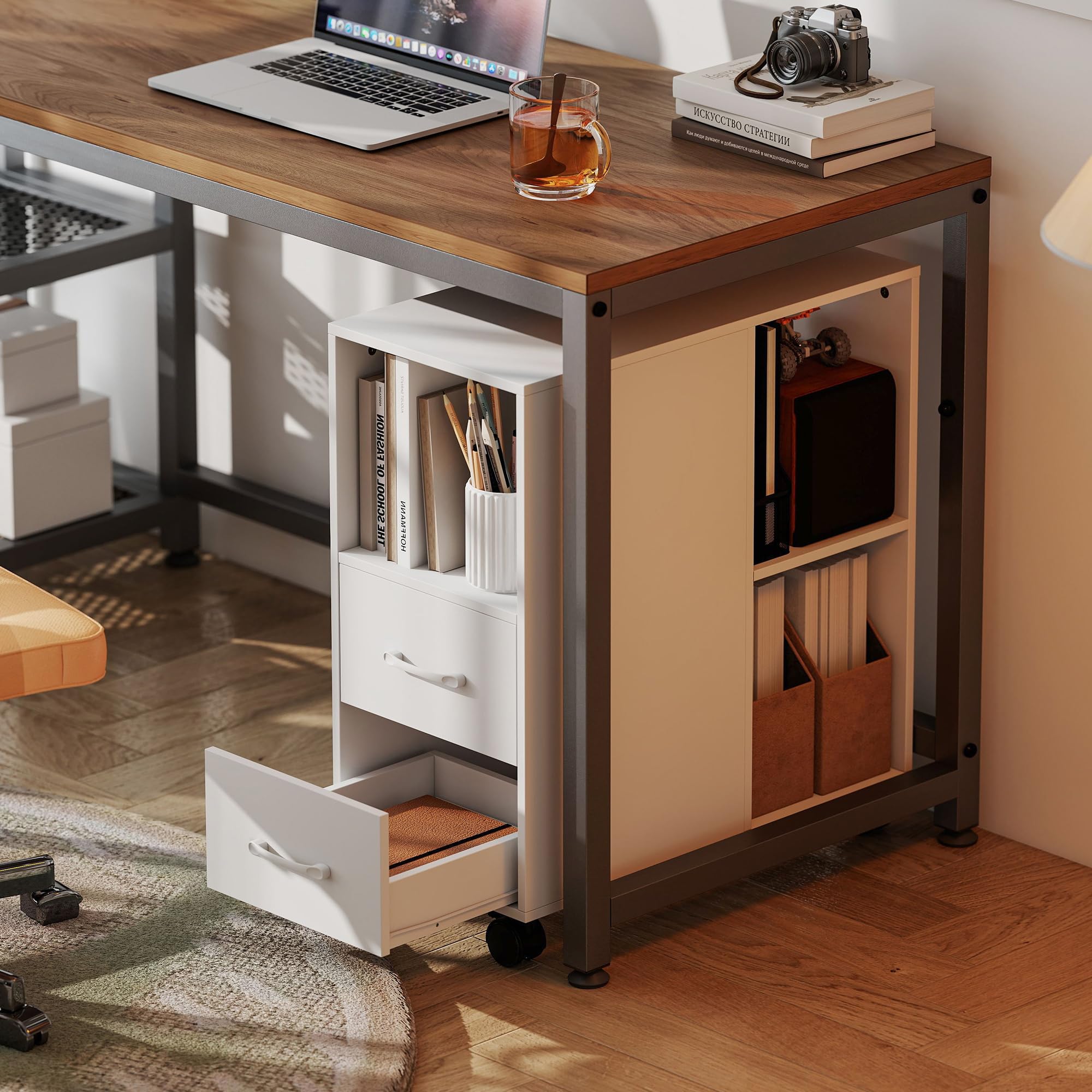 HOMCOM Mobile Porta Stampante a Rotelle con 2 Cassetti, Vano Aperto e Ripiano Regolabile, Mobile Stampante per Documenti da Ufficio e Studio, 60x30x65 cm, Bianco