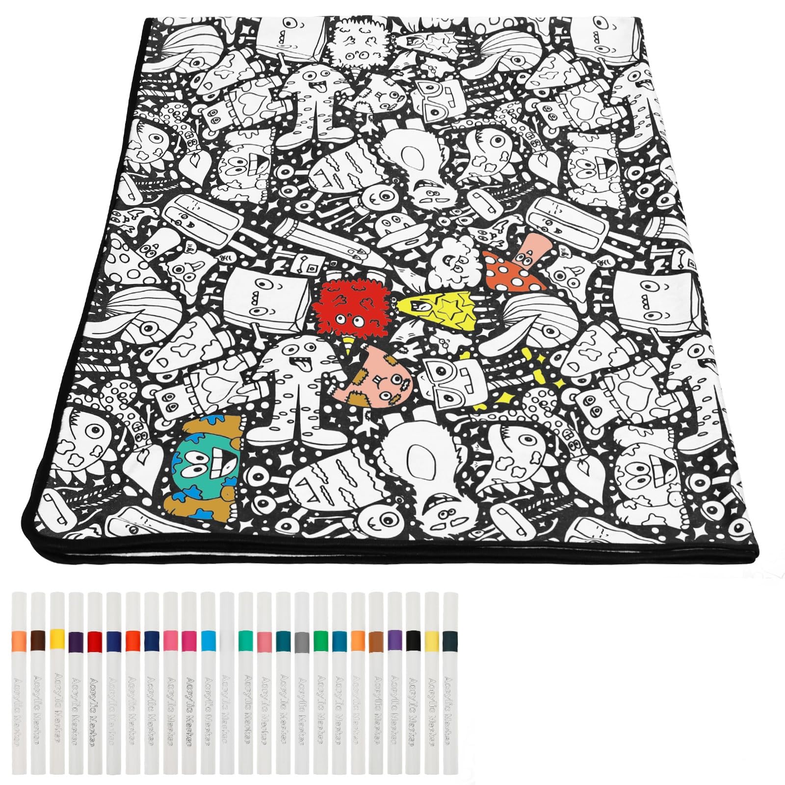 YUNYOUC DIY Colouring Blanket with 24 Colour Markers, Colour Your Own Throw Blanket for Adults, Creative Personalized Cozy Soft Fleece, Personalized Home Decor Ideal (Style D)