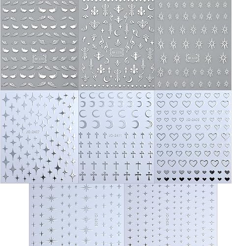 Miniatura 7 de 8 hojas de calcomanías plateadas para arte de uñas, alas de ángel, cruces, calcomanías de sol, estrellas, luna, tótem, calcomanías de uñas