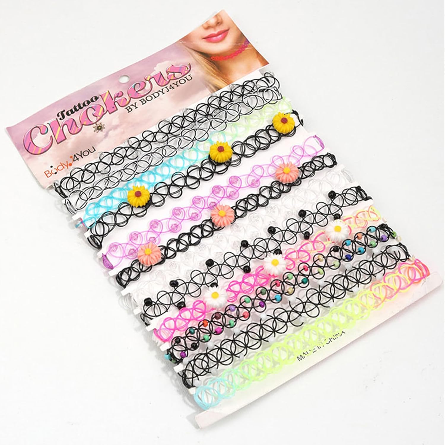 BodyJ4You 12PC Tattoo Choker Necklace for Women - 90s Choker Necklaces Y2K Fashion Trendy Vintage - Emo Black Choker Rainbow Pink White Purple Neon Green Blue Daisy Flower - Image 3