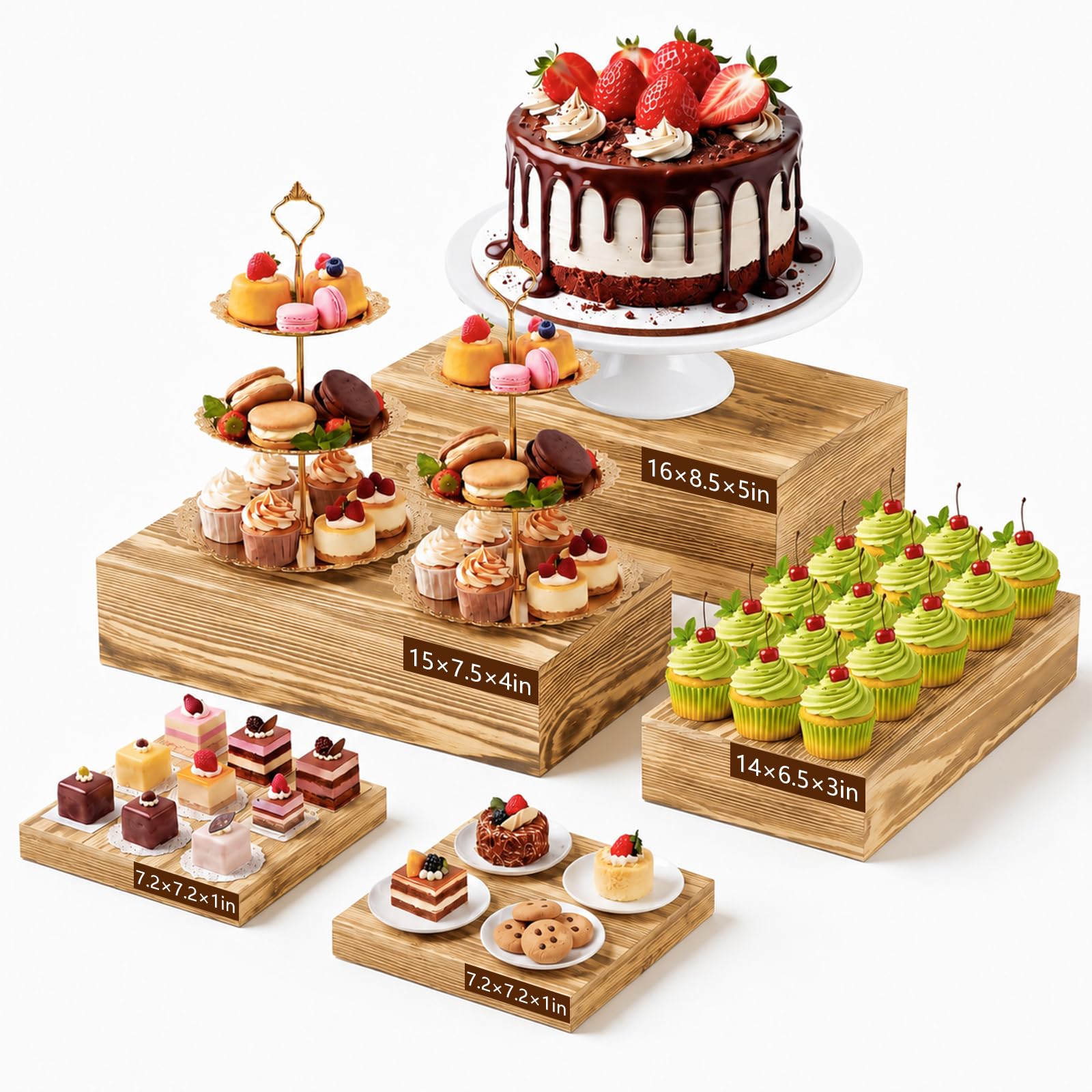 Leinuosen Juego de 5 elevadores de buffet extragrandes, caja de exhibición rectangular de madera, para catering, postre, mesa, soporte decorativo con fondo hueco para catering (madera clara)