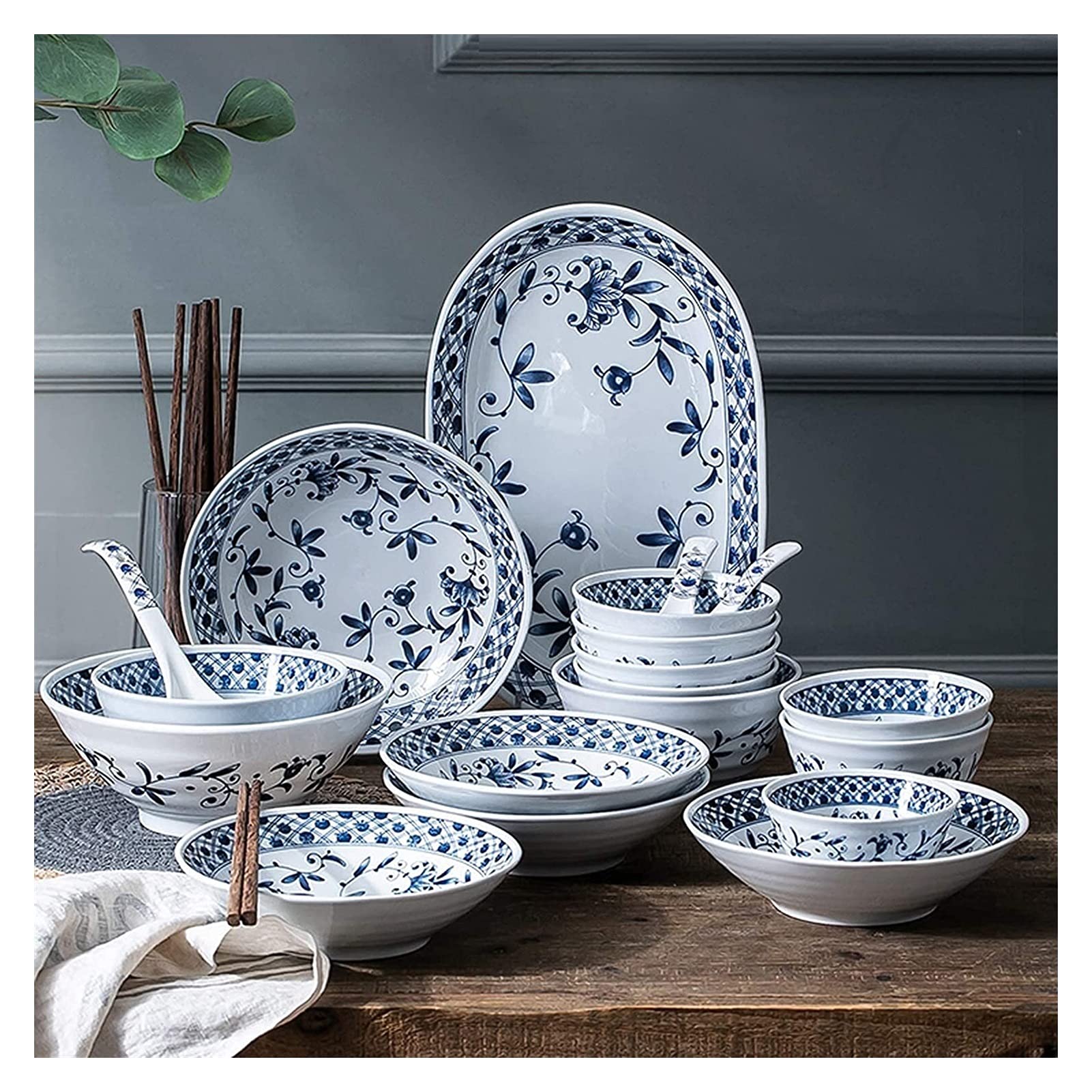 Amazon.co.jp: セラミックディナーセット、青と白の磁器磁器食器 45 個