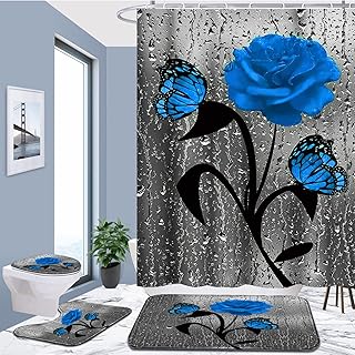 Shower Curtain Set Blue Rose Pattern with Non-Slip Rugs, Toilet Lid Cover and Bath Mat,Waterproof Shower Curtain with 12 H...