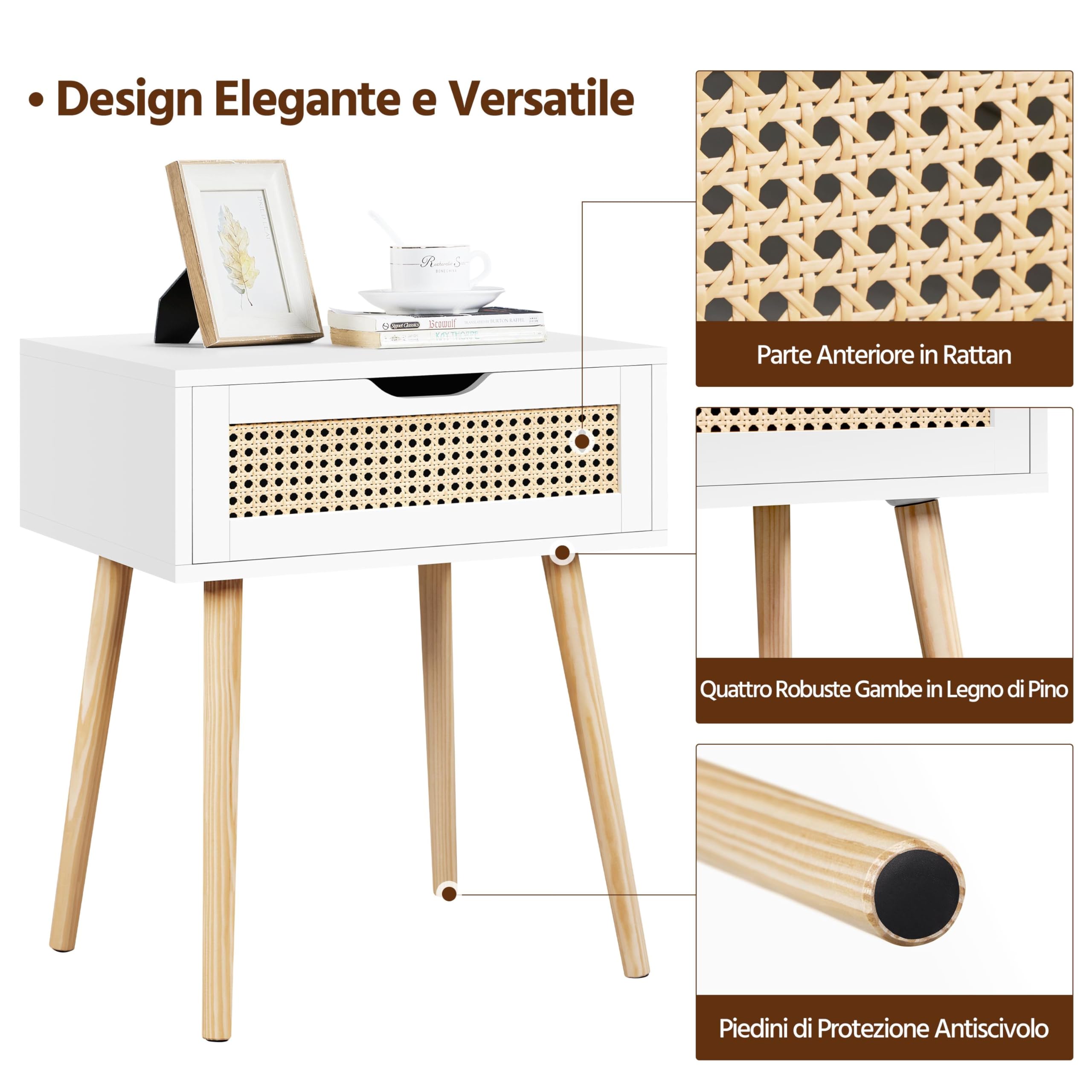 Yaheetech Set 2 Comodini Camera da Letto Comodino con Cassetto in Rattan Gambe in Legno Mobiletto Organizzatore da Letto Tavolini d'Appoggio 48,3 x 40,7 x 57,7 cm Bianco