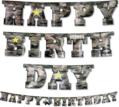 Havercamp US Army Military Happy Birthday Banner Large 7 Cardboard Letters in Camouflage Pattern & Apache Helicopter for Army Themed Birthday Parties & Military Party Supplies