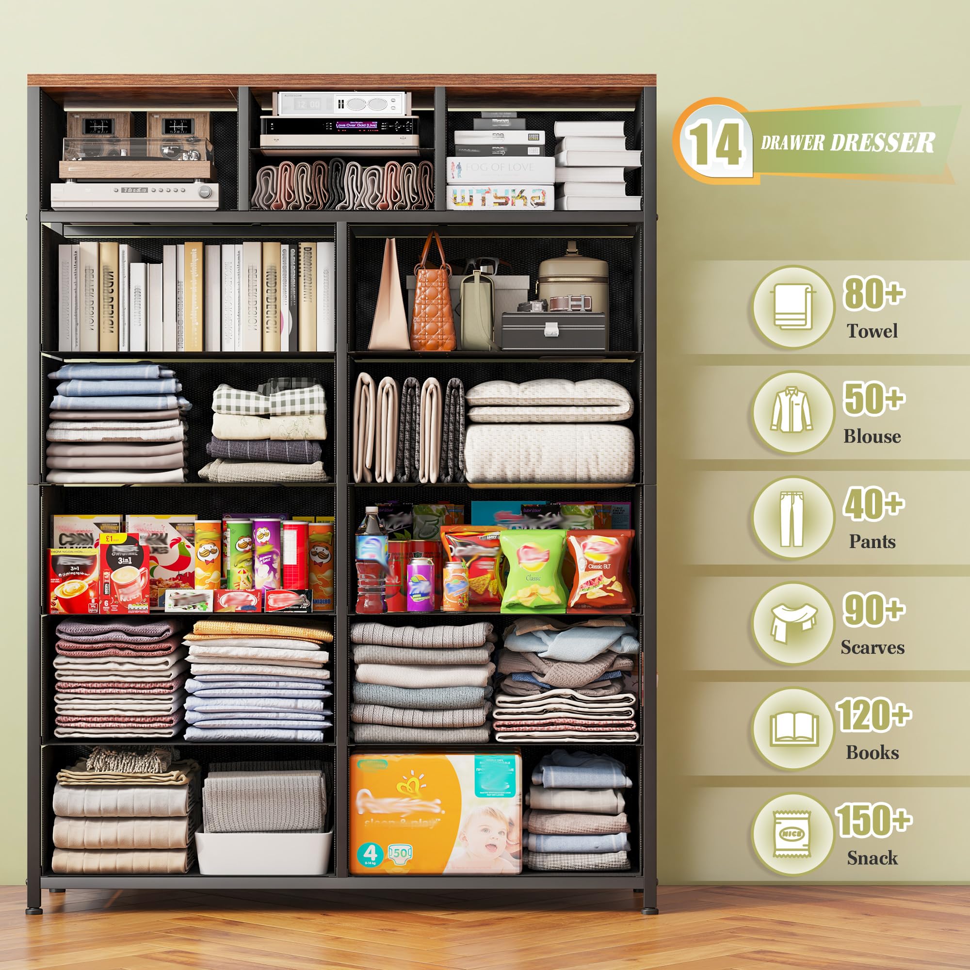 EnHomee 14 Drawer Dresser, Tall Dressers for Bedroom, Large Bedroom Dressers & Chests of Drawers, Sturdy Metal Frame & Wood Top, Easy Assembly, Closet, Living Room, Rustic Brown