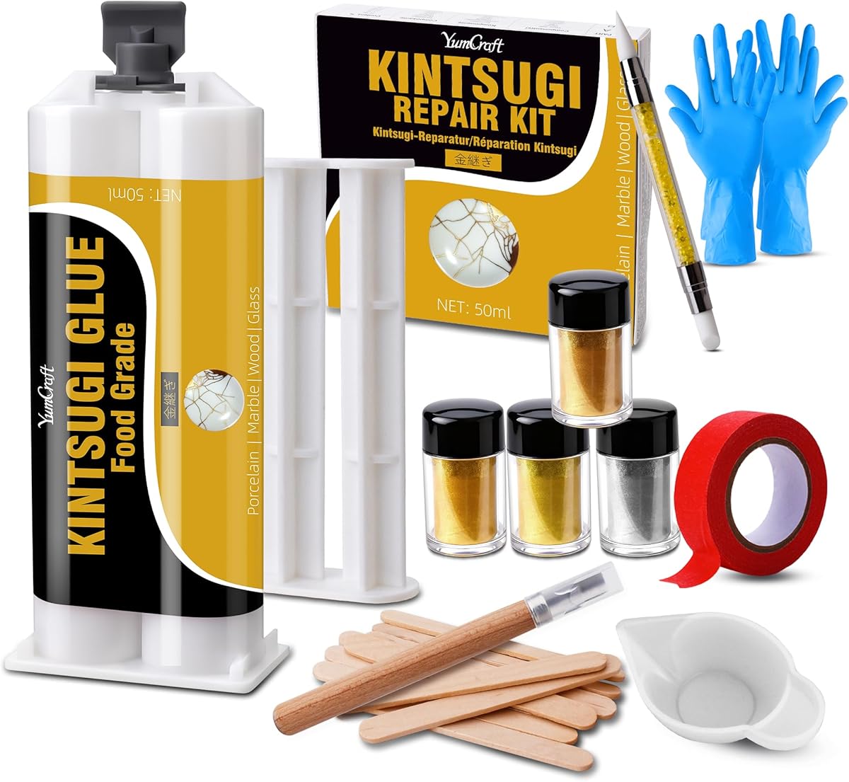 Kintsugi Repair Kit - Food-Safe Kintsugi Ceramic Glue 50ml with 4 Color Mica Powders (Gold & Silver) | Repairs Ceramics, Porcelain, Glass & Jade | Japanese Kintsugi Art Craft, Ideal for Beginners