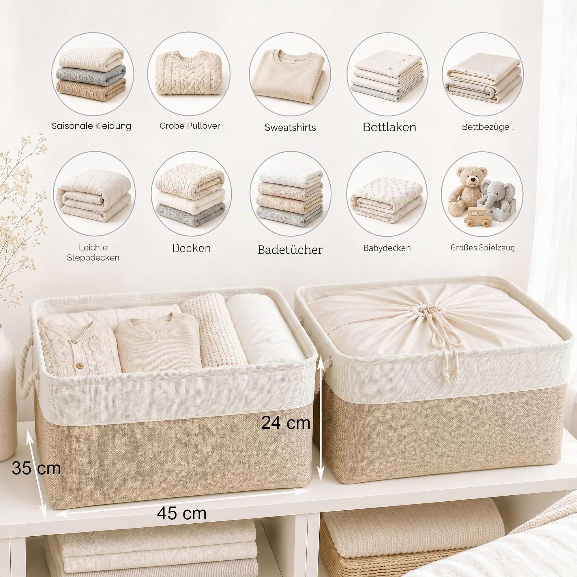 Mangata aufbewahrungskorb Stoff 4er Set, aufbewahrungsbox groß Schrank, Korb aufbewahrung Stoff mit Seil für Spielzeug, kleiderschrank, Regale, Kleidung (Faltbare,XL, Hell Khaki Weiß)