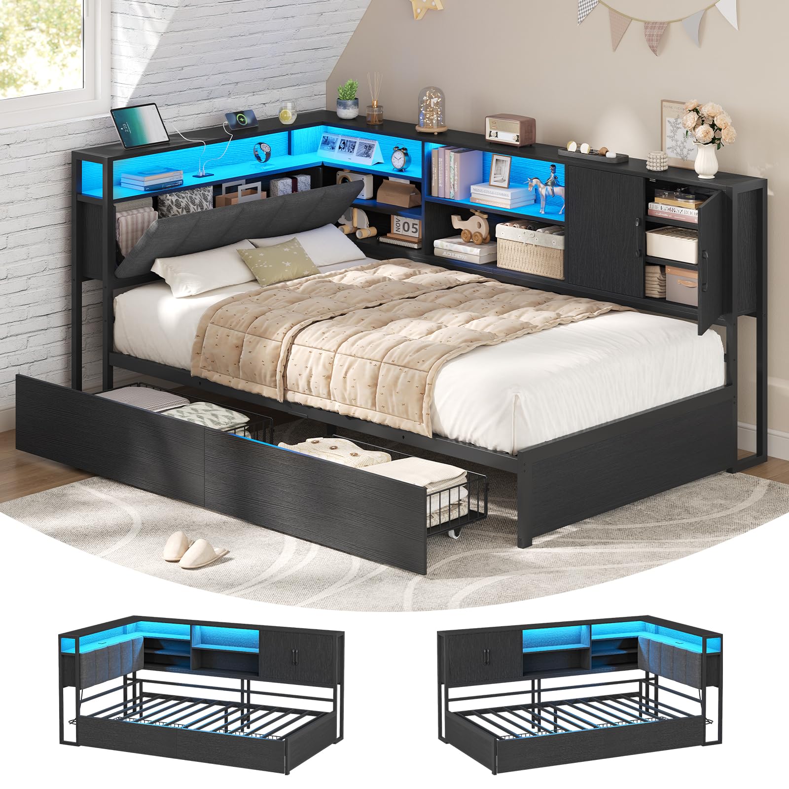 KIMENICH Cama tapizada sofá Cama 90 x 200 cm con iluminación LED, estación de Carga, Camas Juvenil con 2 cajones y somier de láminas de Metal, cabecero con Almacenamiento, estantes Abiertos, Negro