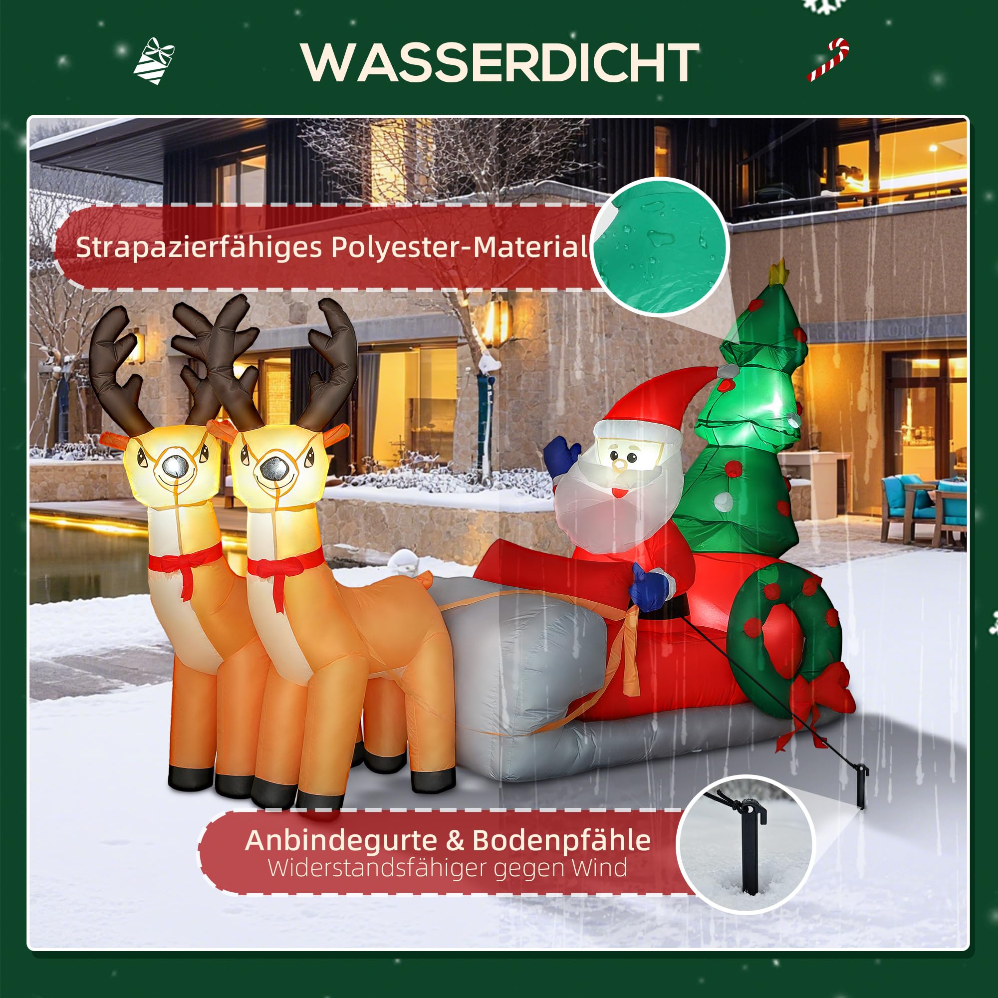 Outsunny 216 cm Aufblasbarer Weihnachtsmann auf Schlitten mit 2 Rentier | Weihnachtsbaum, Aufblasbare Weihnachtsdeko, Eingebaute LED-Lichter, Weihnachtsdekoration, für Rasen Hof Garten