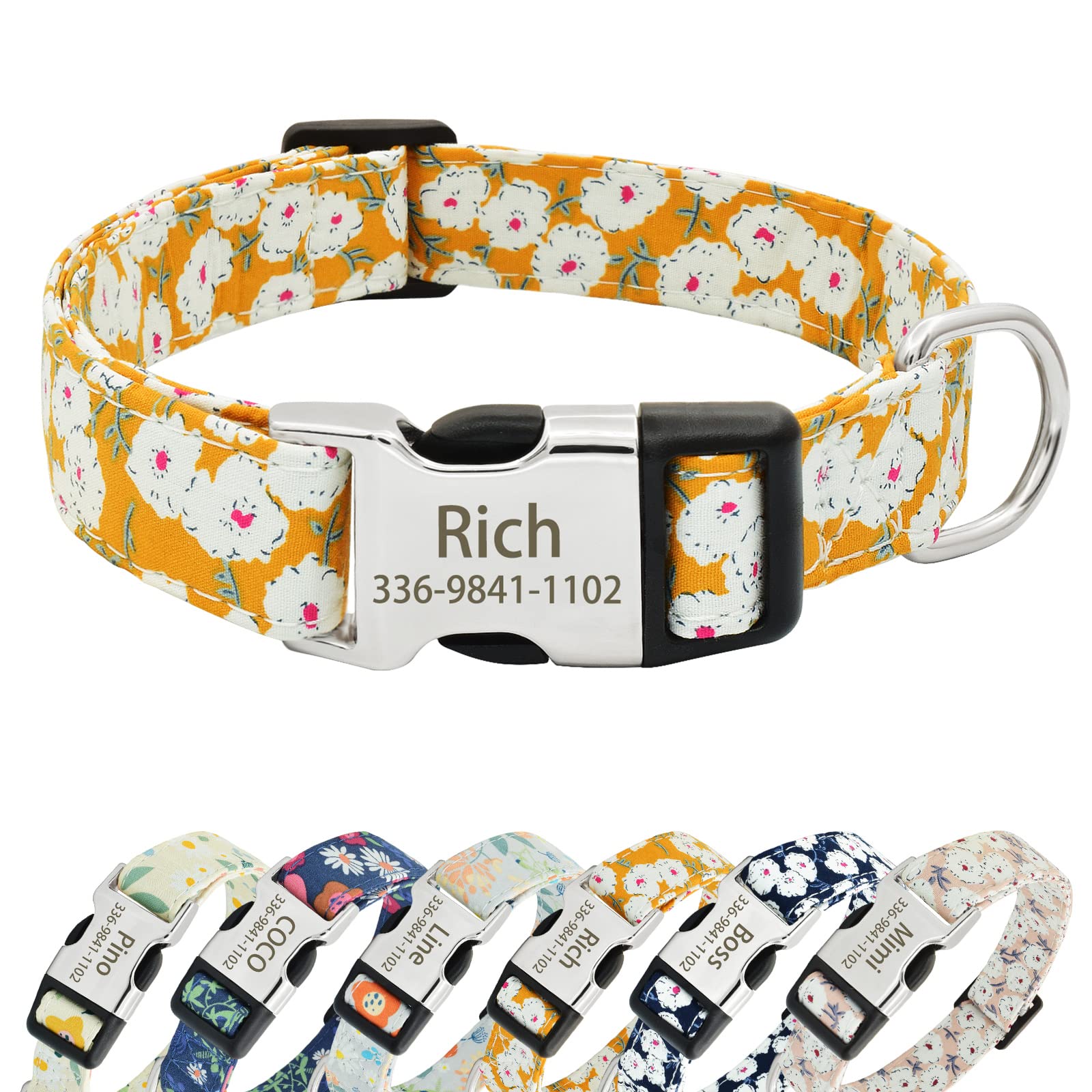 Senristar Personalised Floral Dog Collars with Name, Custom Flower Print Dog Collars with Engraved Buckle for Small Medium Large Dogs (S(Width:3/5'' Neck:9.5-14.0''),Yellow Daisy)