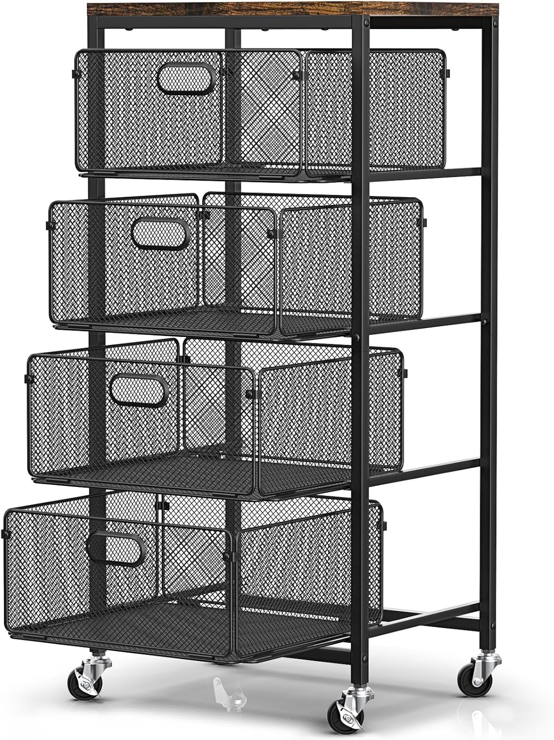 WELDUN Carrello con cassetti, 4 ripiani, con ruote bloccabili | Carrello portaoggetti in metallo, per cucina, bagno, scuola, studio, ufficio, camera da letto, nero