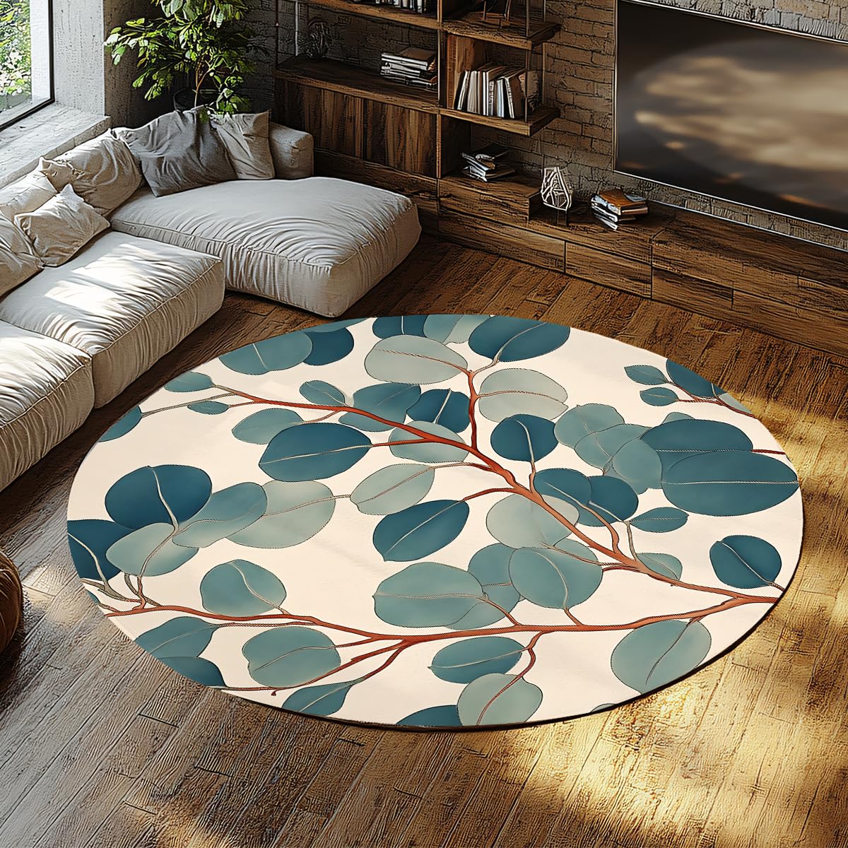 Tapis à poils bas doux 120cm motif eucalyptus avec impression aquarelle durable