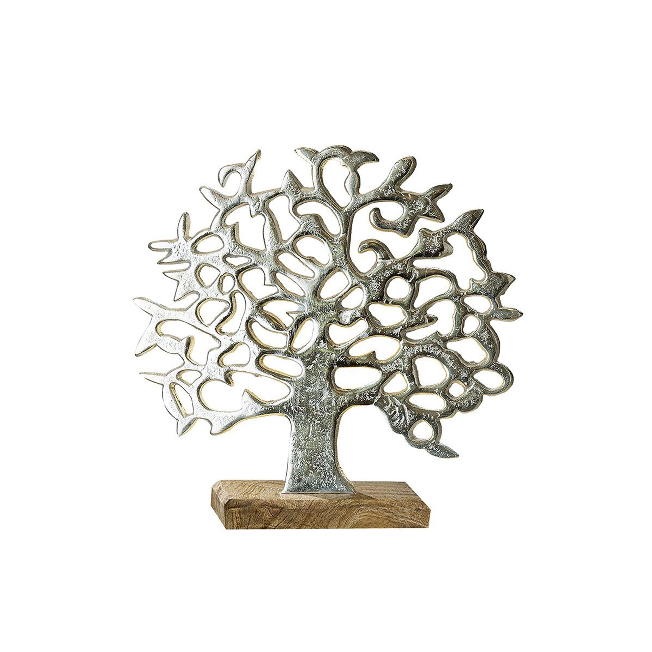 Gilde Aluminium Lebensbaum auf Holzbasis Silber Mango 37 cm G48183