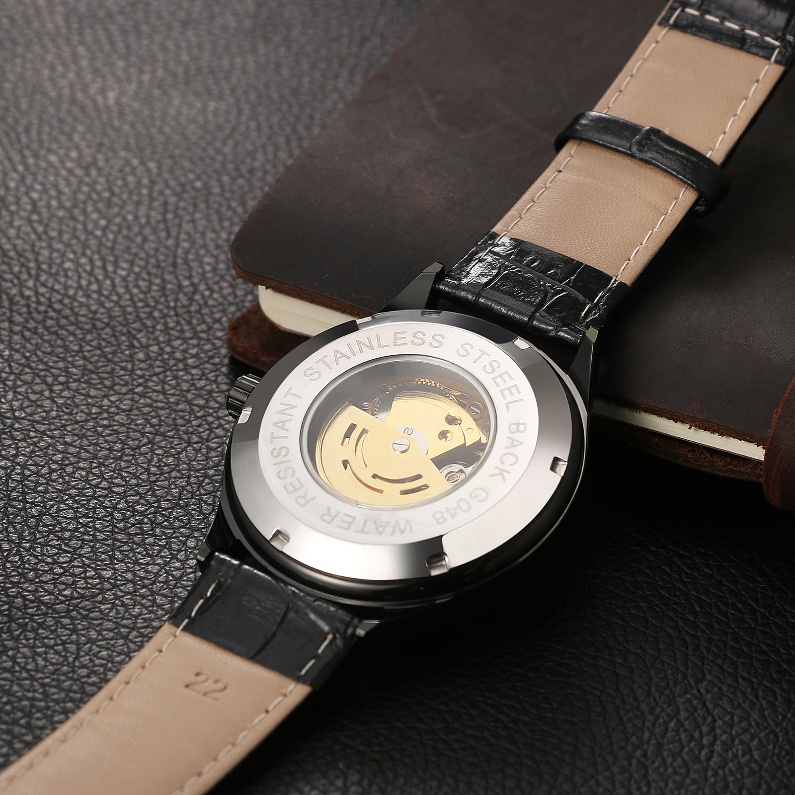 JewelryWe Reloj Mecánico Automático Hombre: Reloje de Pulsera Vestir Retro Correa de Cuero Escala de Números Romanos Punteros Luminosa - para Regalo