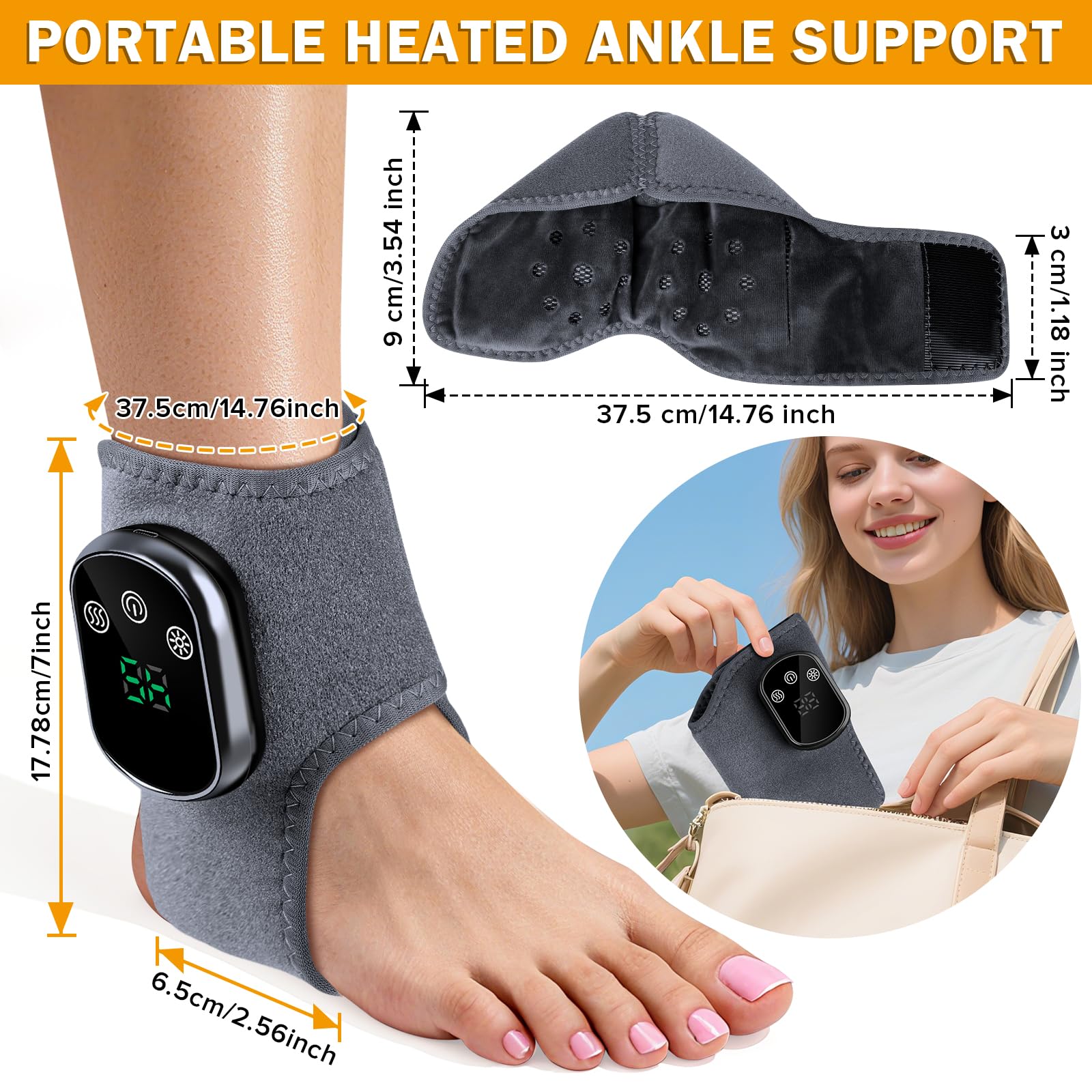 Beheizbare Knöchelbandage, Tragbares Knöchelheizkissen mit 3 Vibrationsmodi und 5 Heizstufen Wiederaufladbares Fußmassagegerät für Plantarfasziitis Fersenschmerzen und Fußermüdung