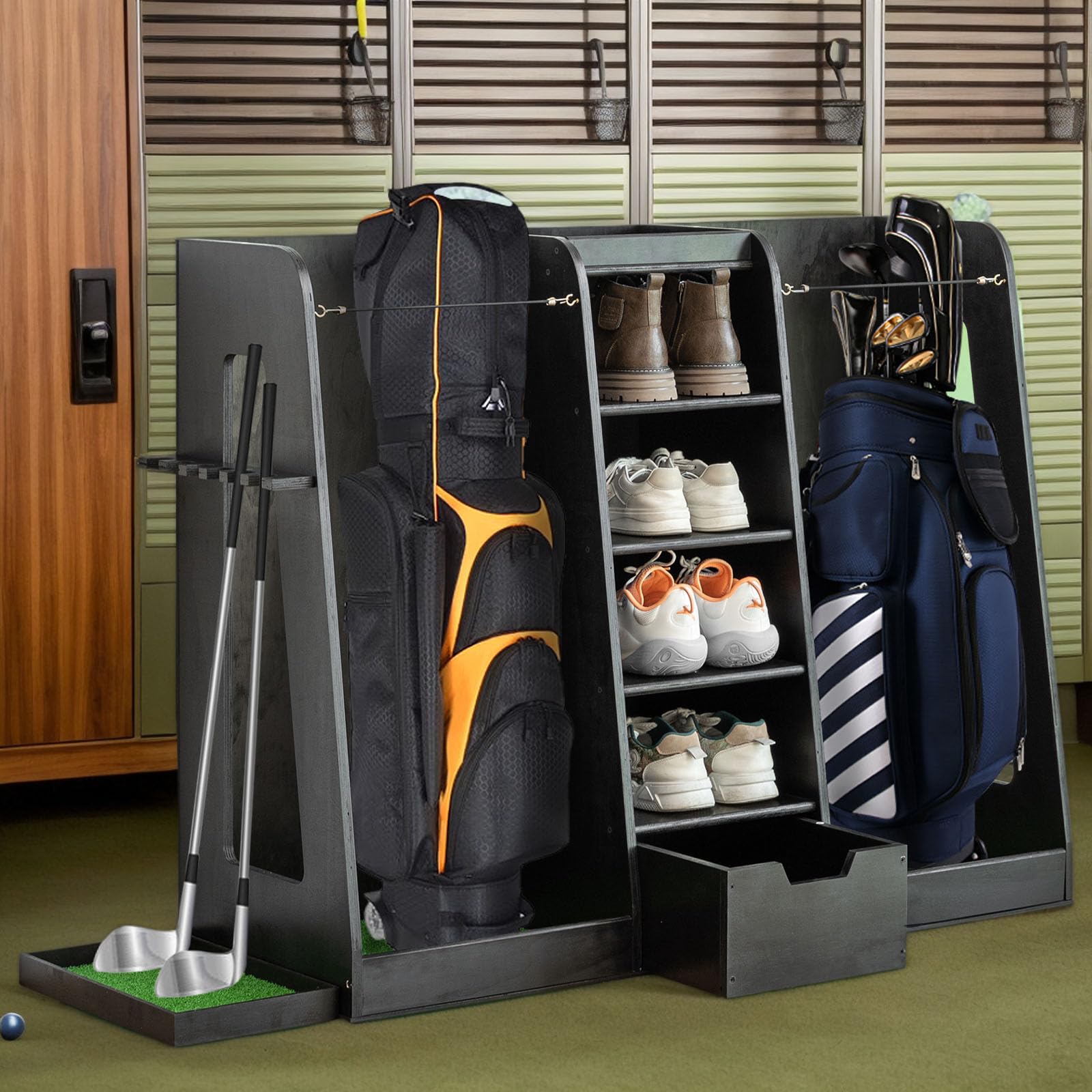 Anwick Golf Bag Organizer for Garage, Wooden 2 Golf Bags Stand Holder with Drawer, Golf Club Storage Rack, Easy to Assemble, Suitable for Garage Basement Office and Home Simulator (Black)