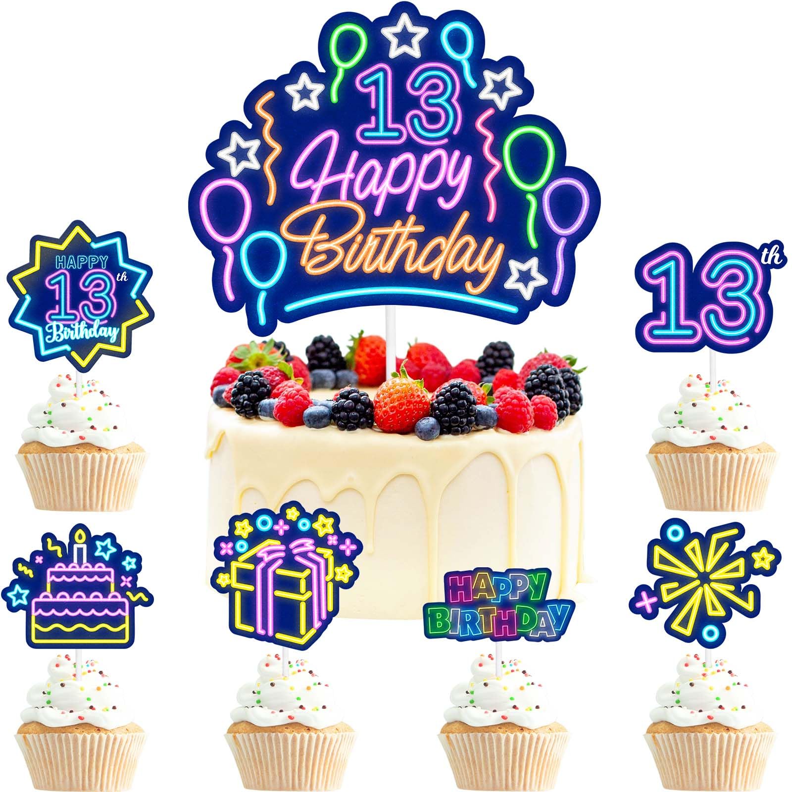 7 Pcs Neon Cake Toppers Teens Kids 10th Glow Themed Happy Birthday Black Light Decoration Set, Glow Crazy Party, Boys and Girls Birthday Party, Lets