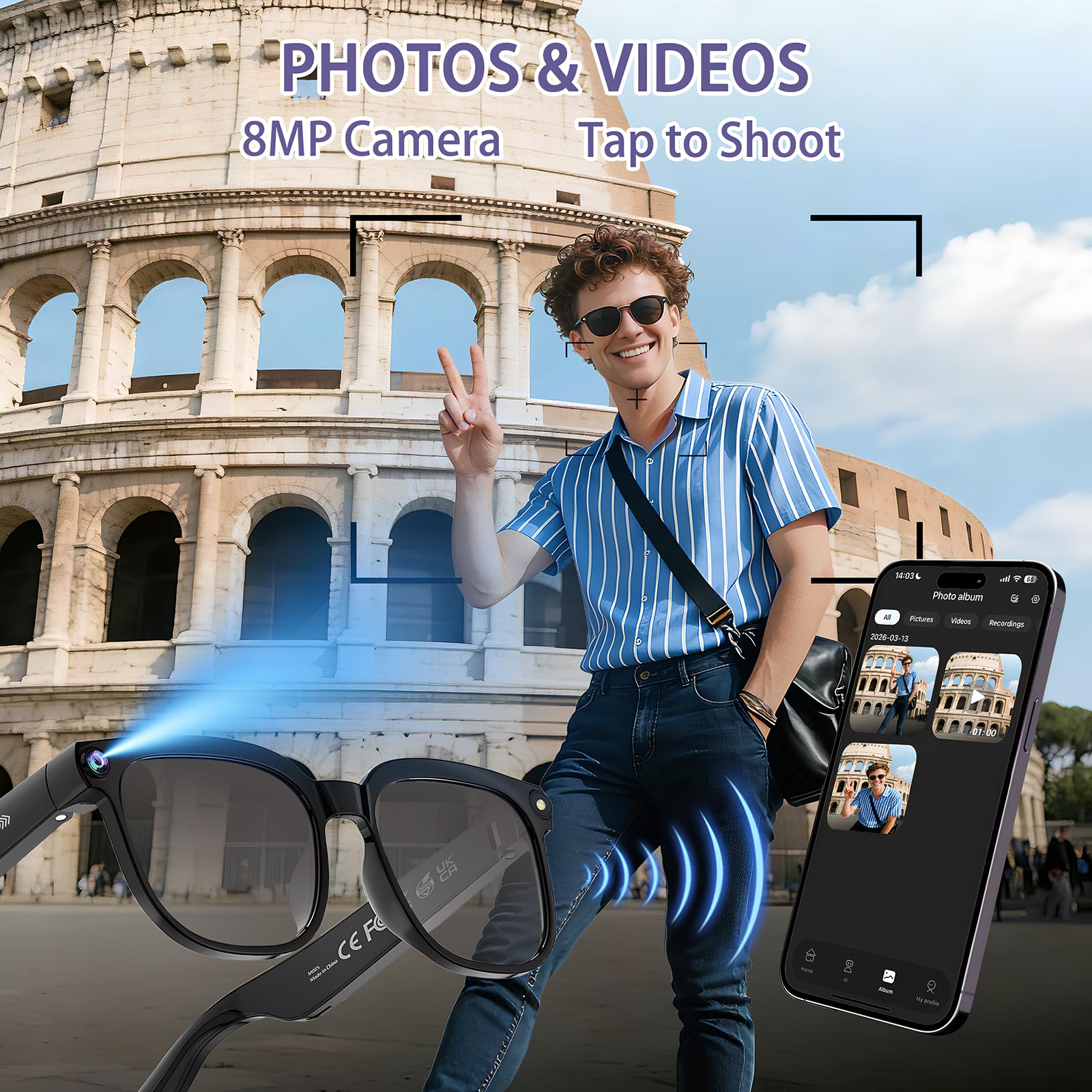 Lunettes Connectées avec 8MP Lunette Camera, 1080p Lunette Traductrice Lunettes IA Lunette Intelligente avec Verres Photochromiques, Musique Bluetooth, Stant Vocal et Vidéo