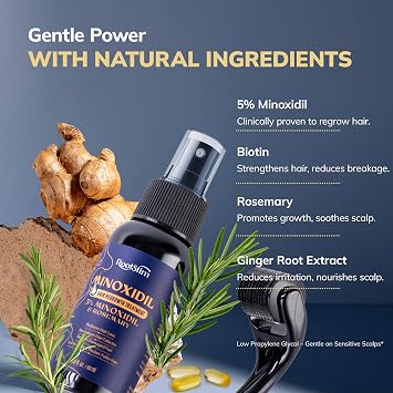 5% Minoxidil Spray + 0.25mm Derma Roller Hair Growth Kit for Men and Women, Hair Regrowth Treatment for Thinning Hairline, Crown & Beard, Rosemary Biotin Formula, 60 mL
