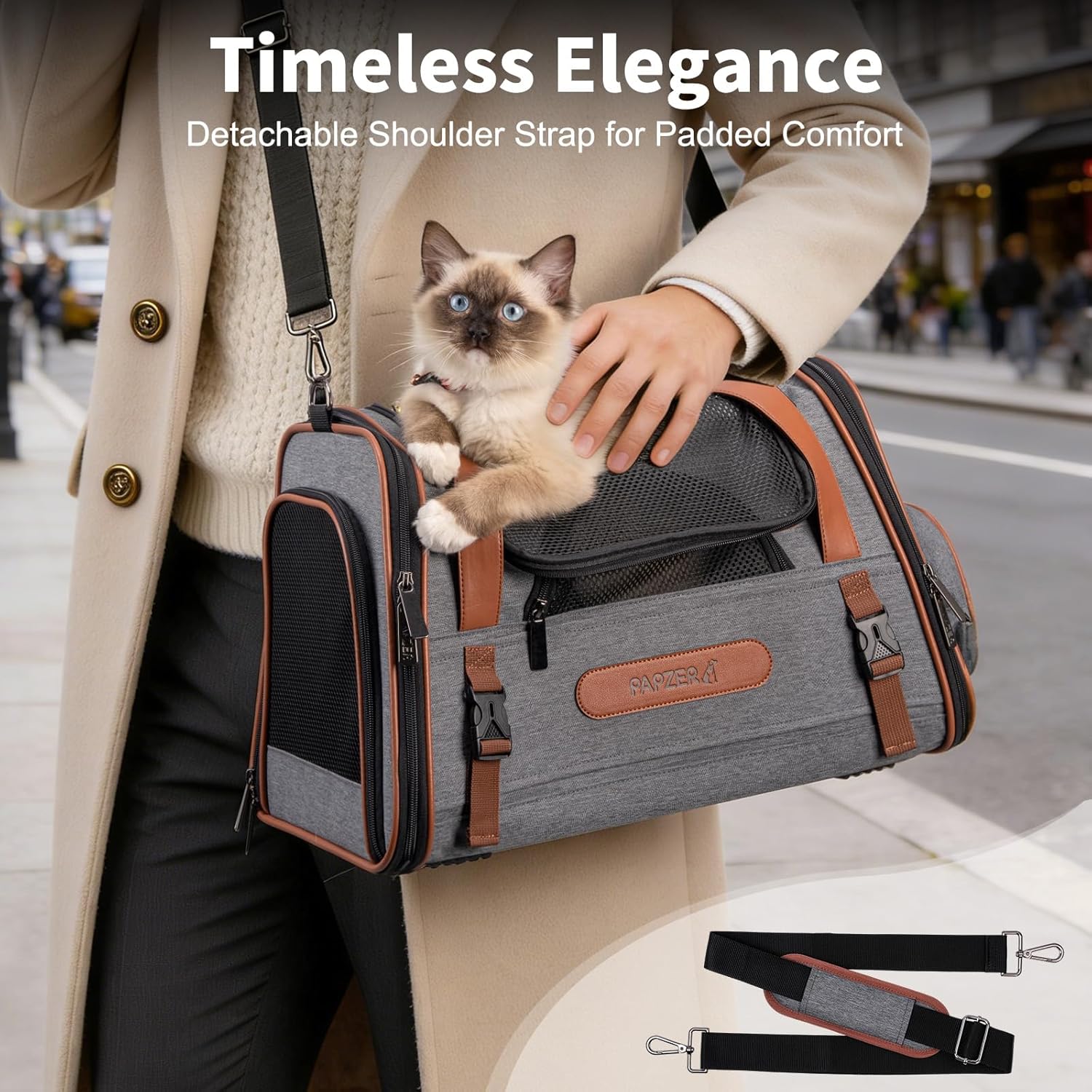 Heavy-Duty Premium Pet Carrier, Medium to Large Cat Carrying Bag with Seatbelt Strap Car Travel, Top & Side Load Crate Durable Foldable Kennel Cage for Small Dogs Under 10 lbs Leather