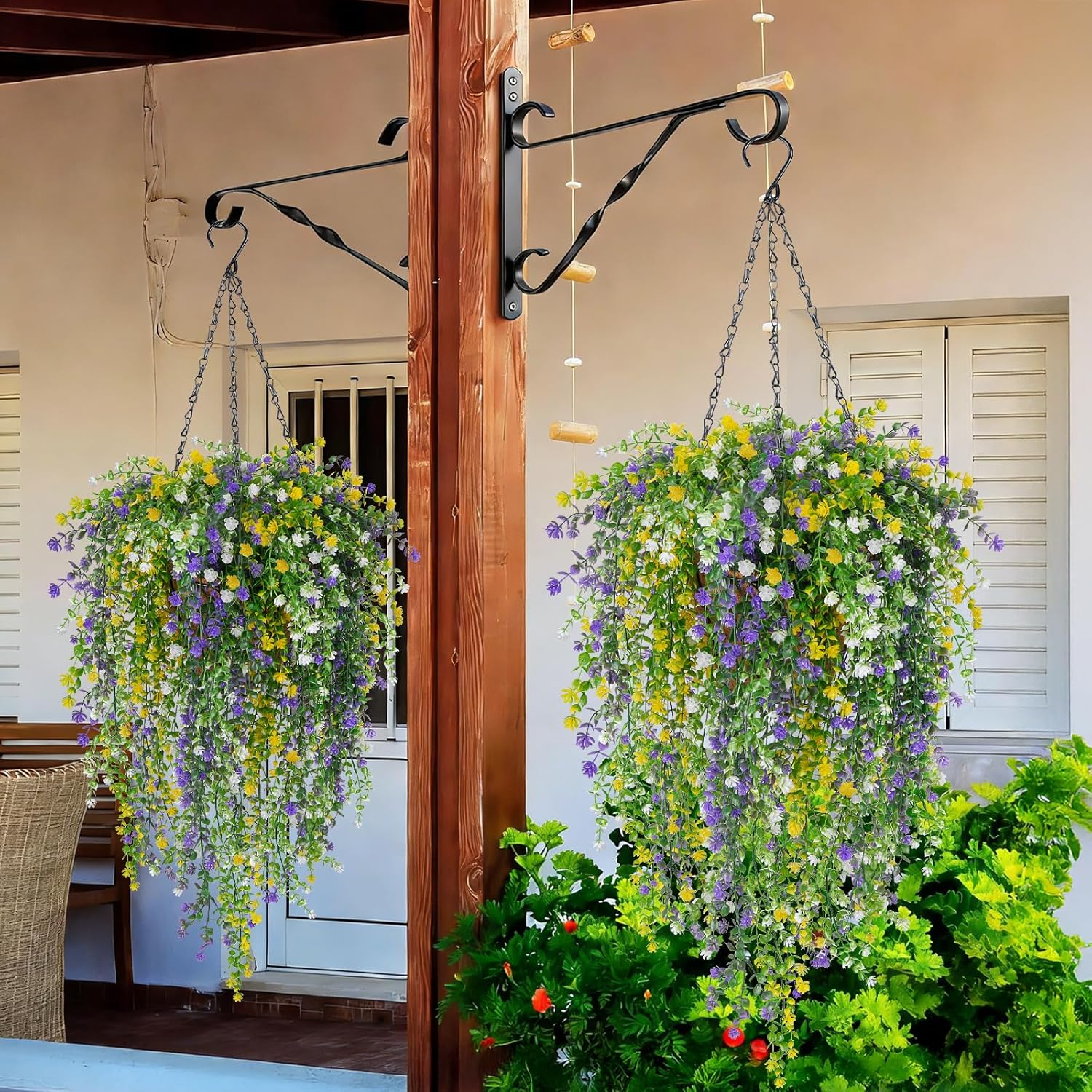 2 Set Artificial Flower Hanging Baskets for Outdoors, 20Pcs Fake Hanging Plants, Outdoor Faux Flowers UV Resistant for Spring Summer Porch Patio Garden Home Decoration (White+Purple+Yellow)